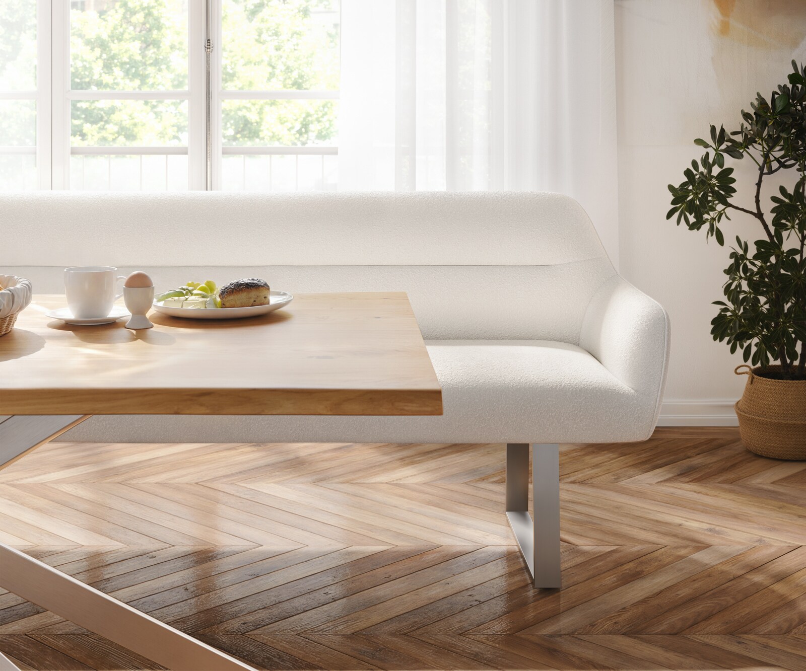 Eetkamerbank Taya-Flex 200 cm bouclé crème-wit gekant sledeframe roestvrij staal pocketvering 3