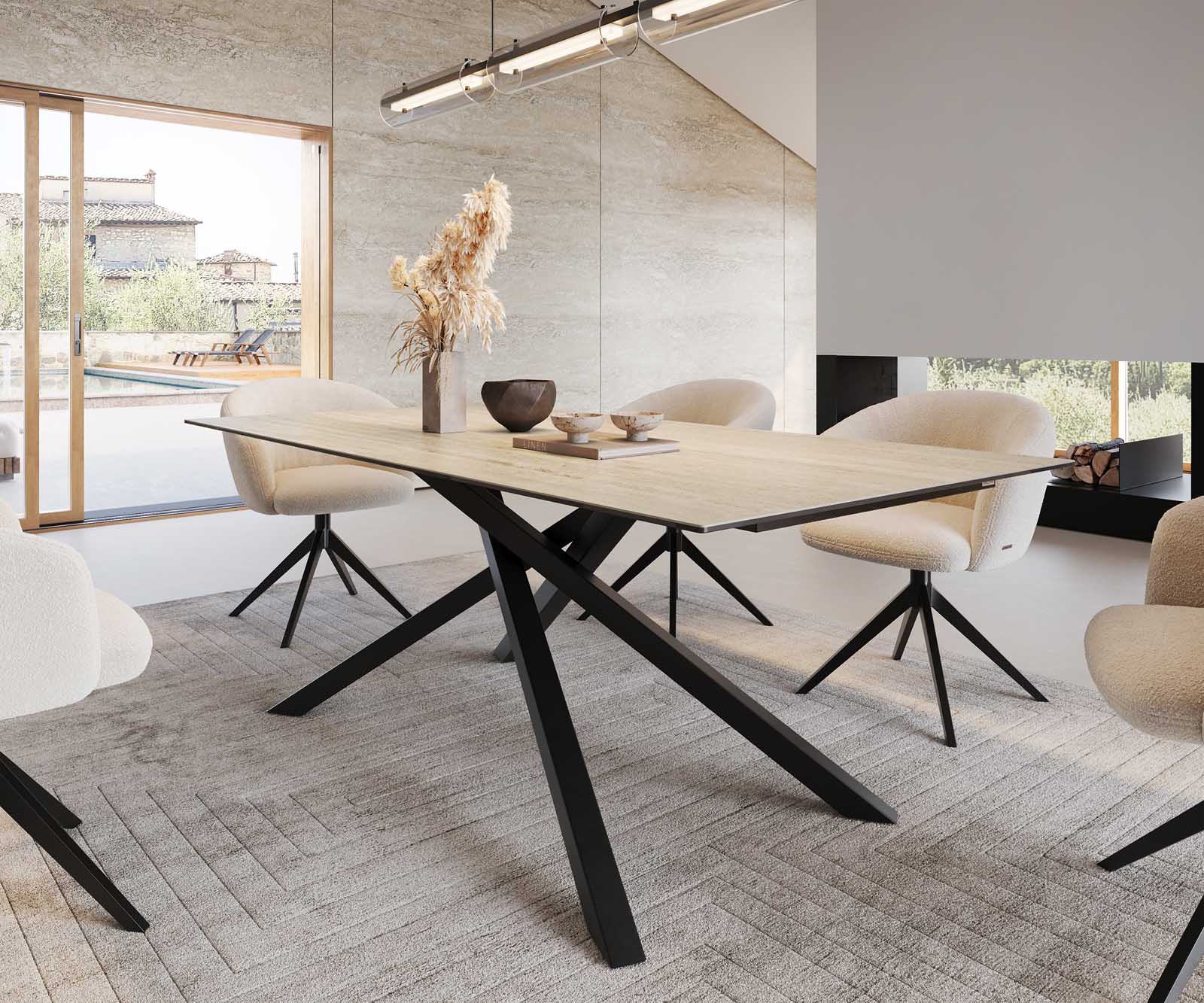 Eetkamertafel Edge 200x100 keramiek Travertin natuur kruisframe rechthoek zwart 6