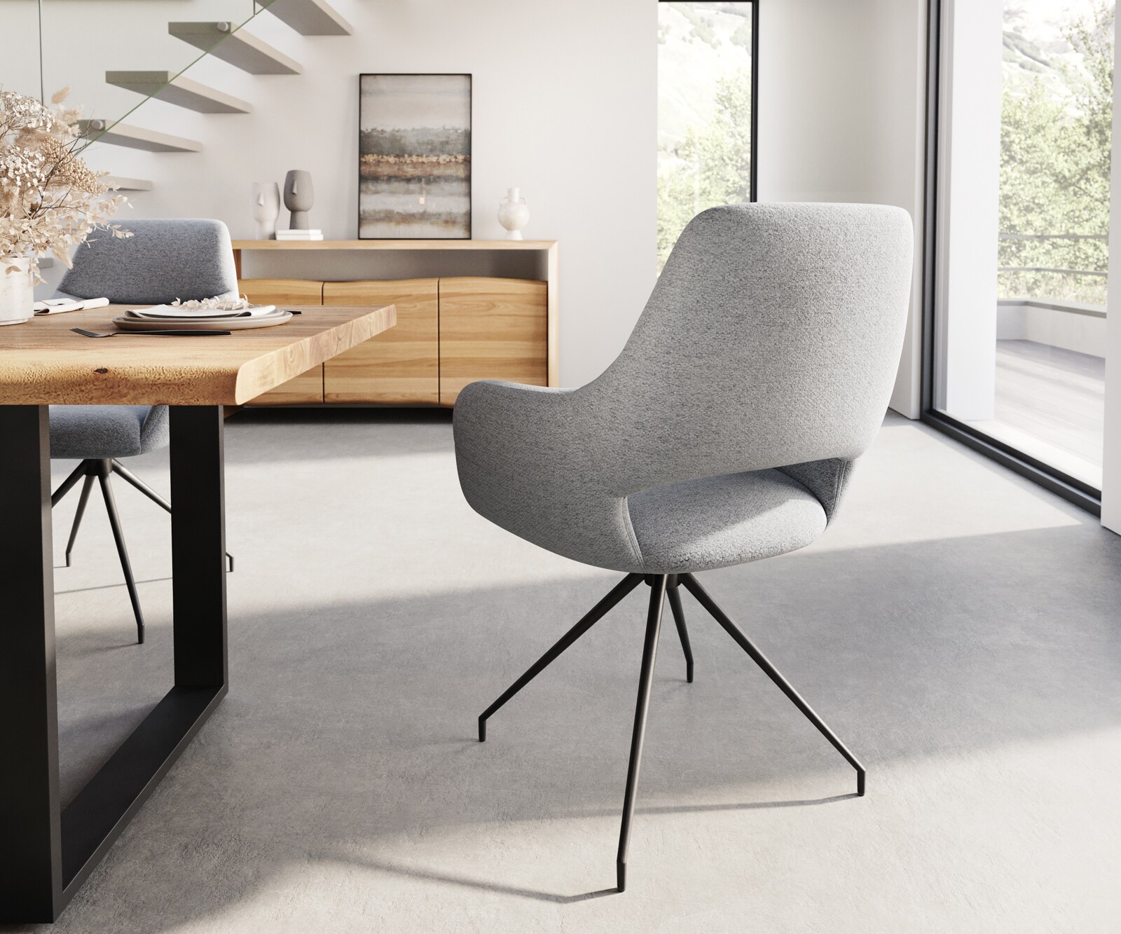 Eetkamerstoel Yago-Flex met armleuning structuurstof lichtgrijs kruisframe conisch zwart pocketveer kern 4 Eetkamerstoel Yago-Flex met armleuning structuurstof lichtgrijs kruisframe conisch zwart pocketveer kern 4
