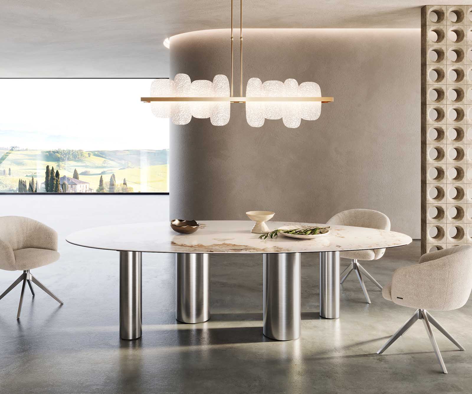 Eettafel Edge ovaal 280x130 keramiek Minas Melange wit-beige pilier roestvrij staal 2 Eettafel Edge ovaal 280x130 keramiek Minas Melange wit-beige pilier roestvrij staal 2