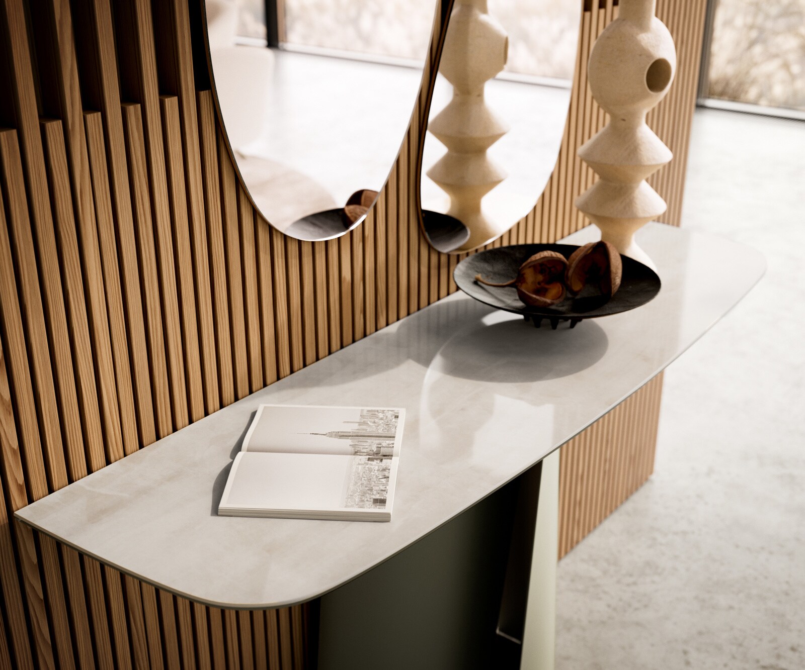 Consoletafel Edge Bootvorm 140x40 cm Keramiek Onyx Champagne Livos Metaal Effektfinish Titan 6
