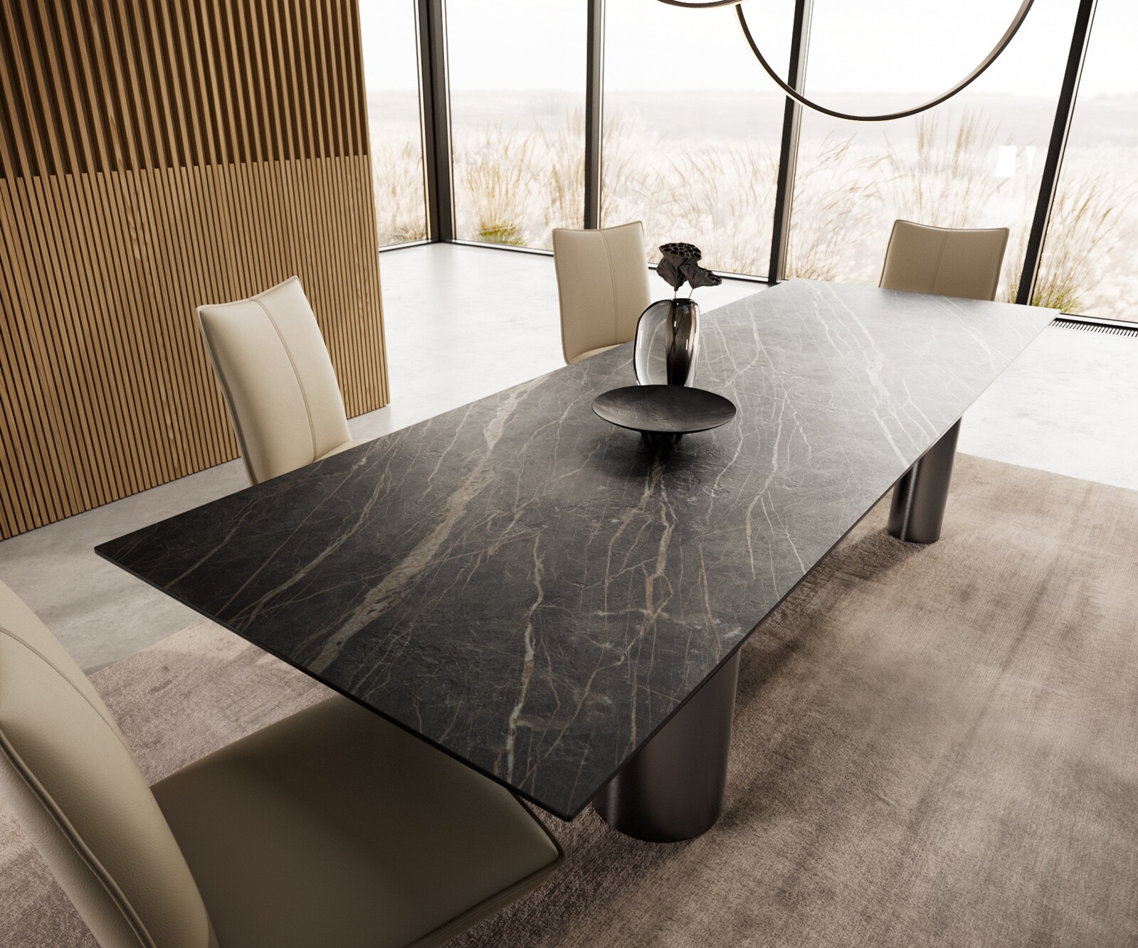 Eetkamertafel Edge 300x100 keramiek Laminam®Noir Desir bruin Pilier roestvrij staal grafiet 3