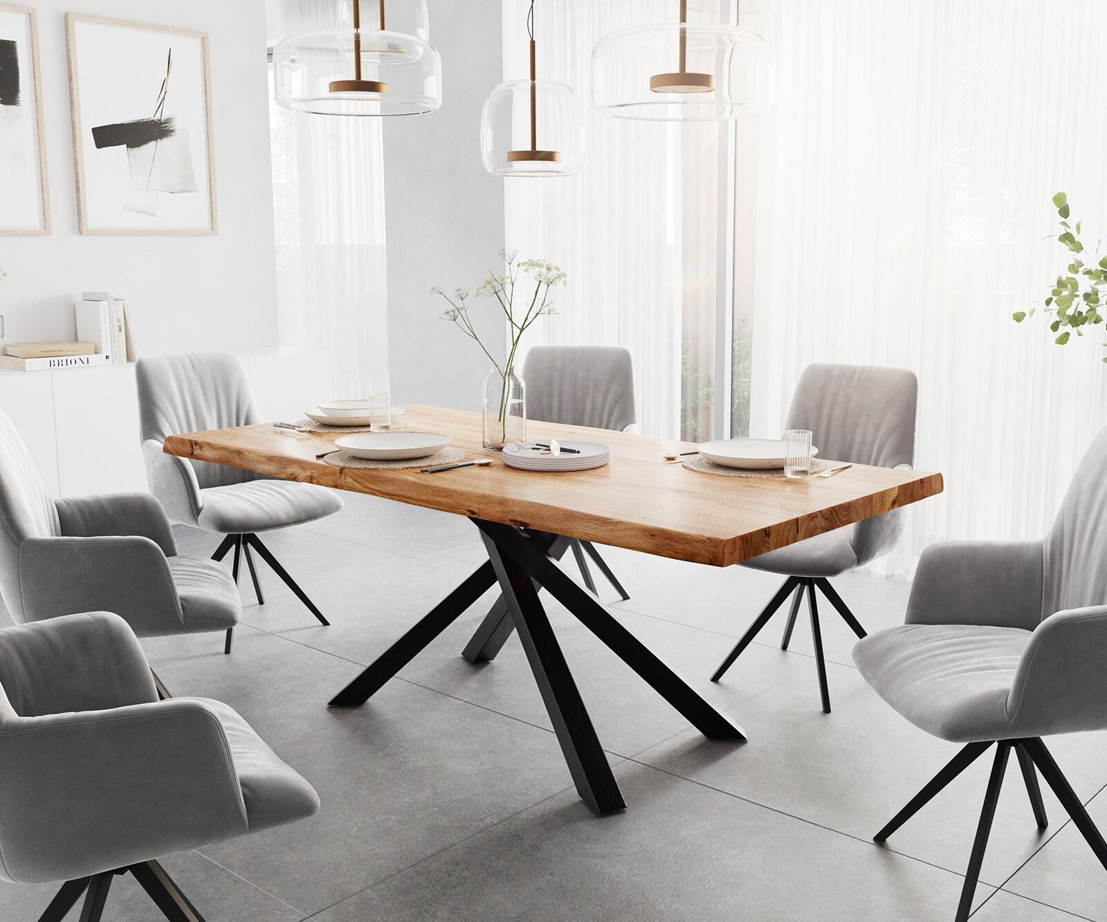 Eettafel Edge 200x100 XL acacia natuur Kreuzframe rechthoek zwart Live-Edge 1