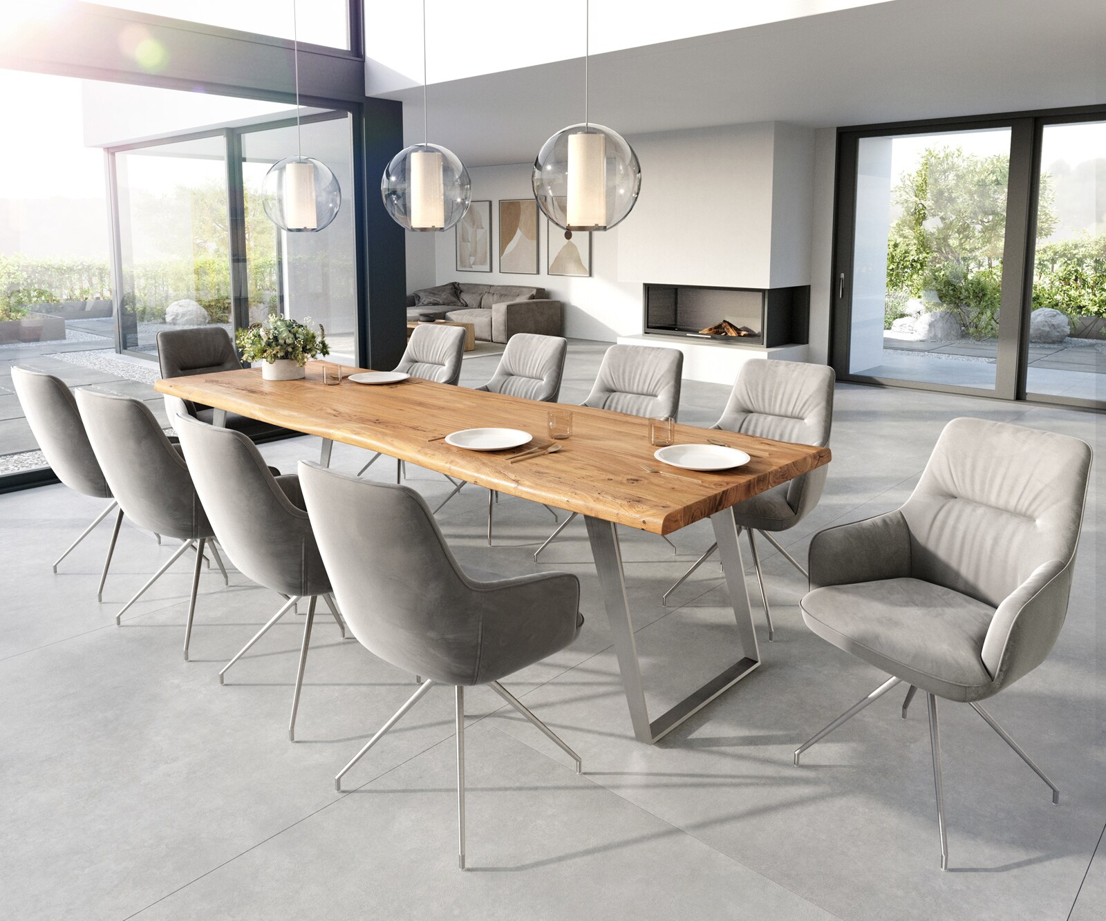 Eetkamerstoel Zelia-Flex met armleuning fluweel grijs kruisframe conisch roestvrij staal pocketveer kern 3 Eetkamerstoel Zelia-Flex met armleuning fluweel grijs kruisframe conisch roestvrij staal pocketveer kern 3