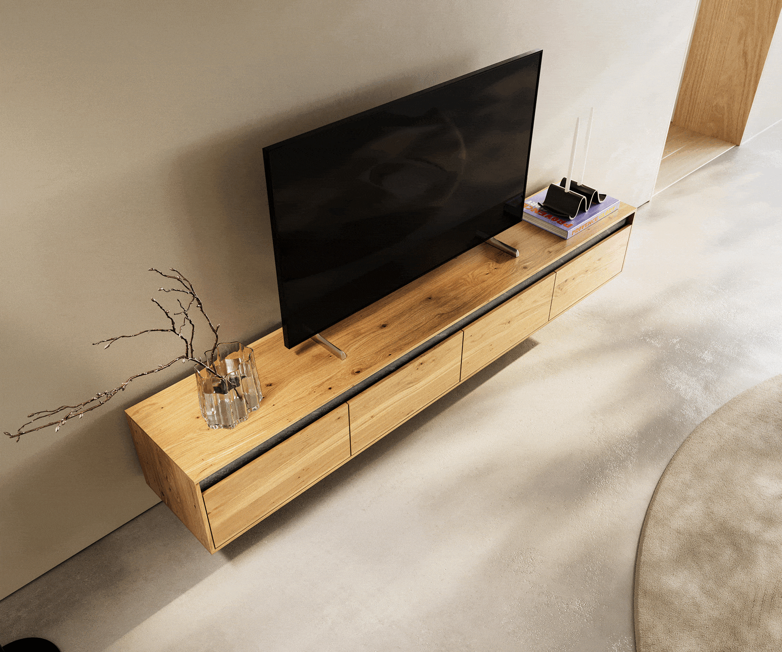 Design-tv-meubel Stonegrace 200 cm eiken natuur leisteen 4 laden zwevend 3