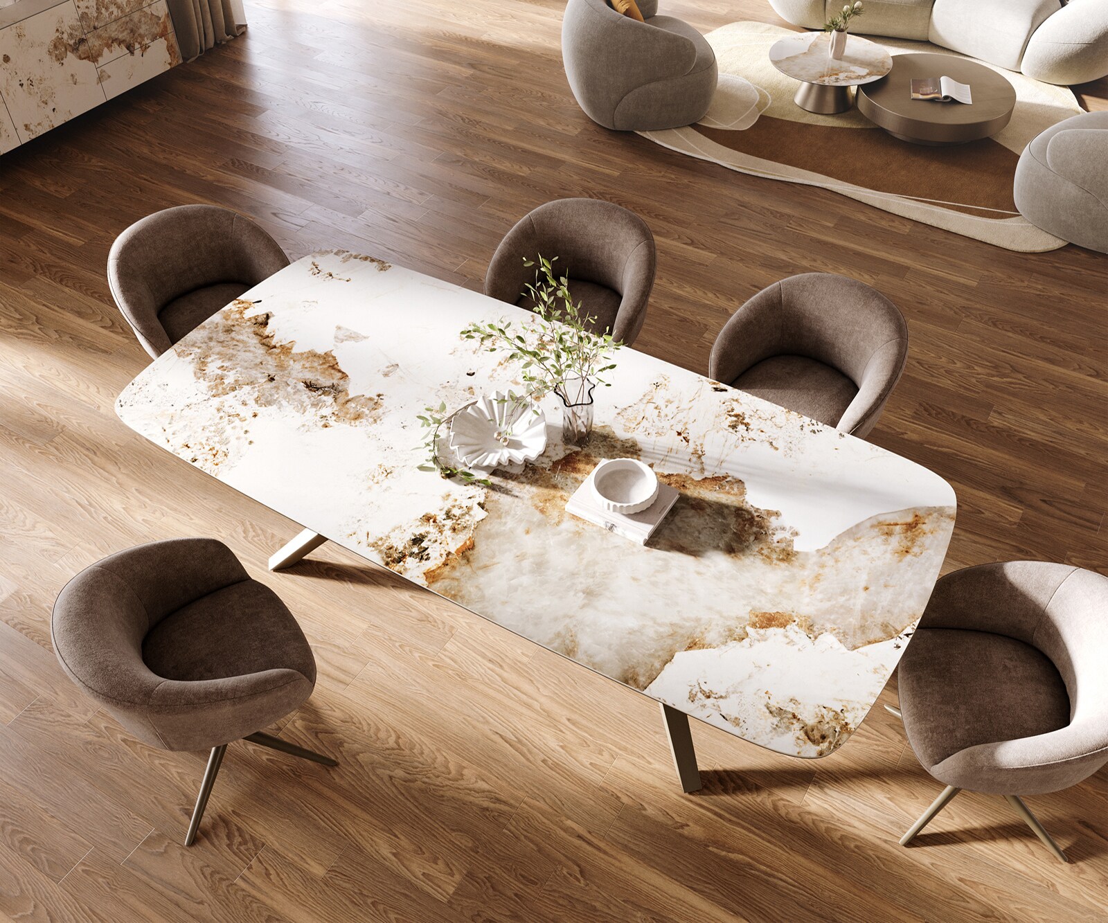 Eettafel Edge Boot 260x120 cm Keramiek Minas Melange Wit-Beige Zenthara kantik Metaal Effectafwerking Titan 4