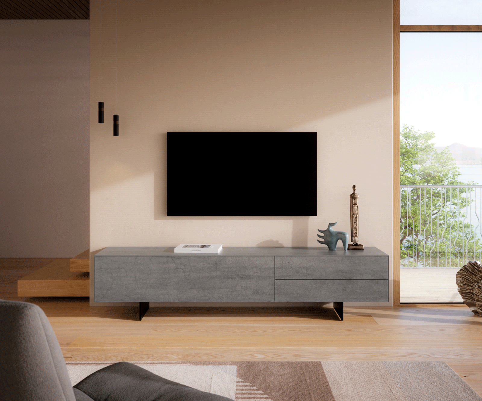 Tv-meubel Cuor 220 cm Keramiek Beton Grijs 1 Flap 2 Laden Zwevende voet look Metaal Zwart 1