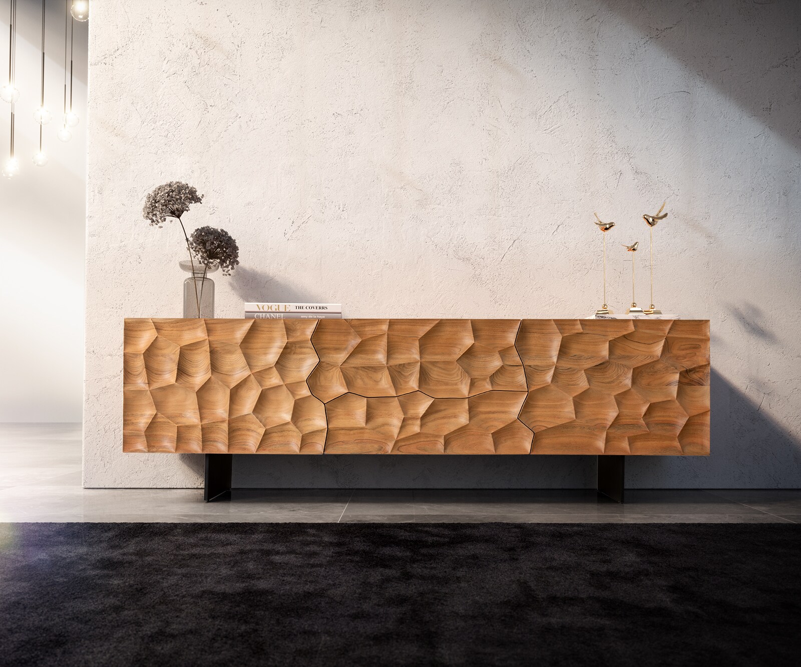 Tv-meubel Solu 175 cm acacia natuur 2 deuren 2 laden onderstel zwevend metaal zwart 3D-front 1