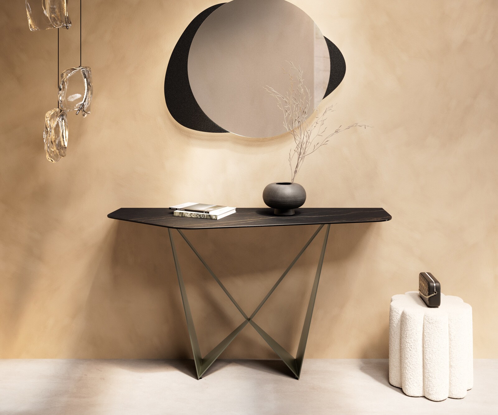 Consoletafel Edge Polygonaal 140x50 cm Keramiek Laminam® Noir Desir Braun Spios Metaal Effektfinish Titan 4