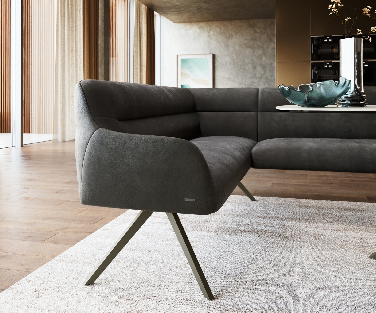Eetkamerbank Taya-Flex 285x190 cm microvelours anthraciet vintage hoekig kruisframe afwerking met titaniumeffect pocketvering rechts 5