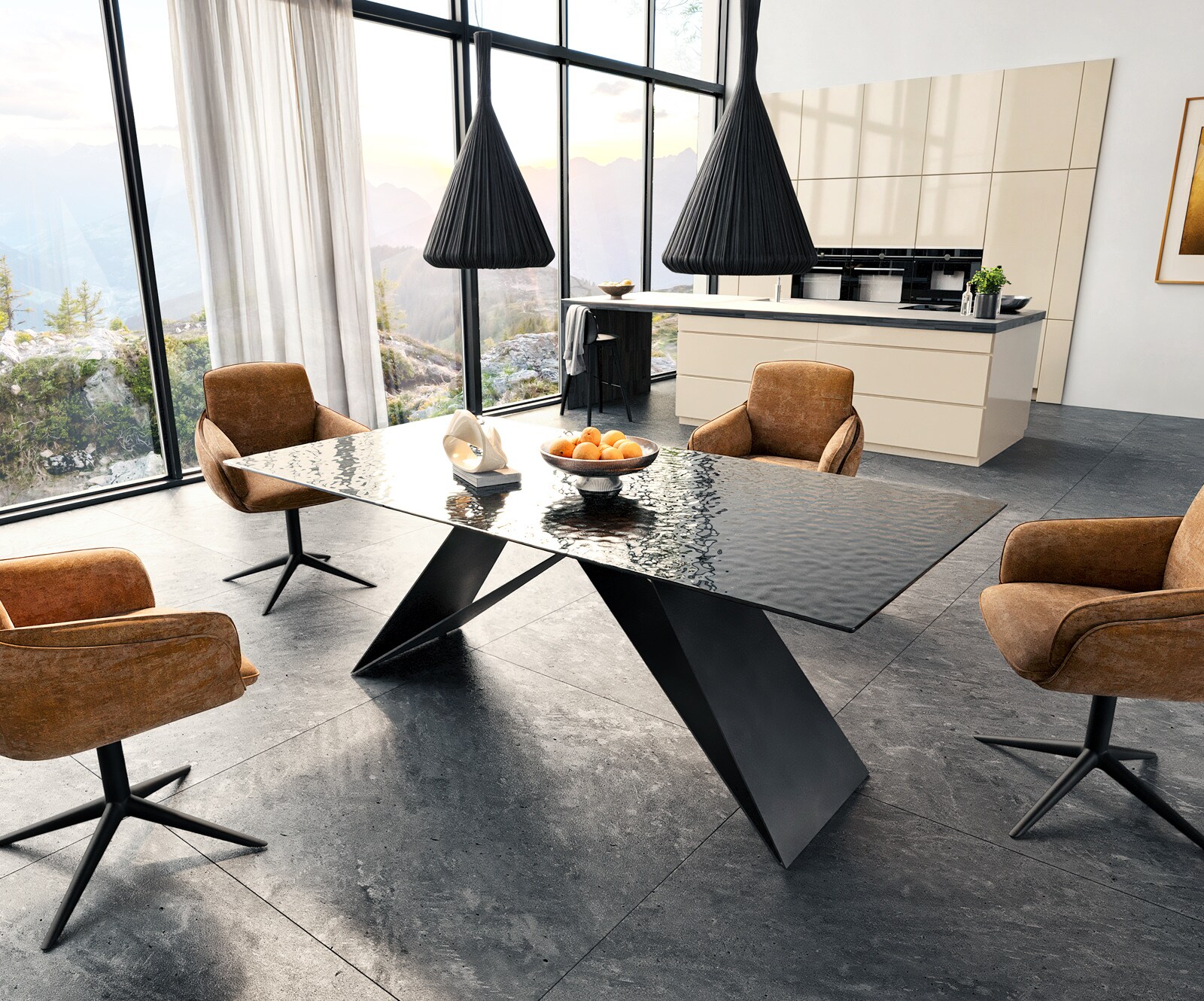 Eetkamertafel Edge 200x100 Glas smelten rokerig zwart 3D-Relief V-frame vlak staal zwart 5