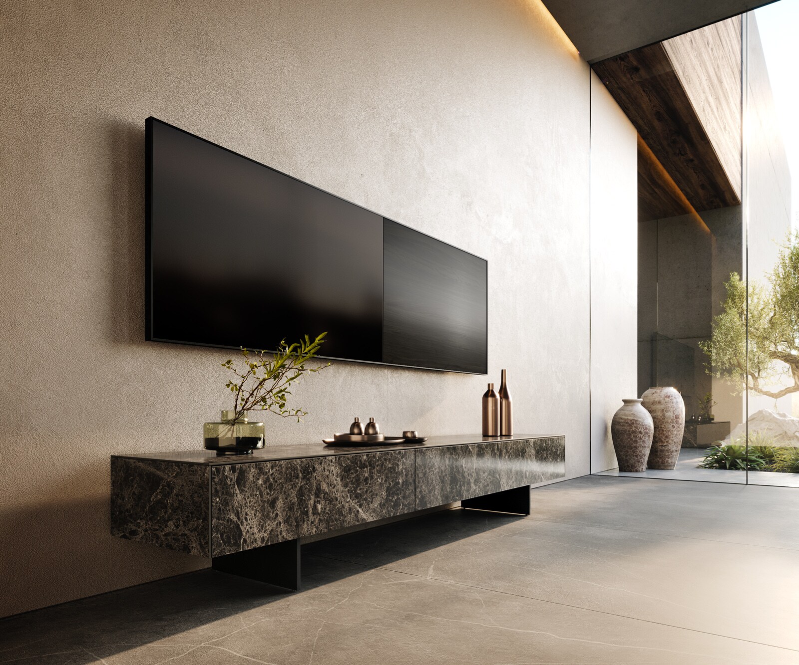 Tv-meubel Cuor 200 cm Keramiek Emperador Extra Lucidato Donkerbruin 1 Flap 1 Lade Zwevende voet look Metaal Zwart