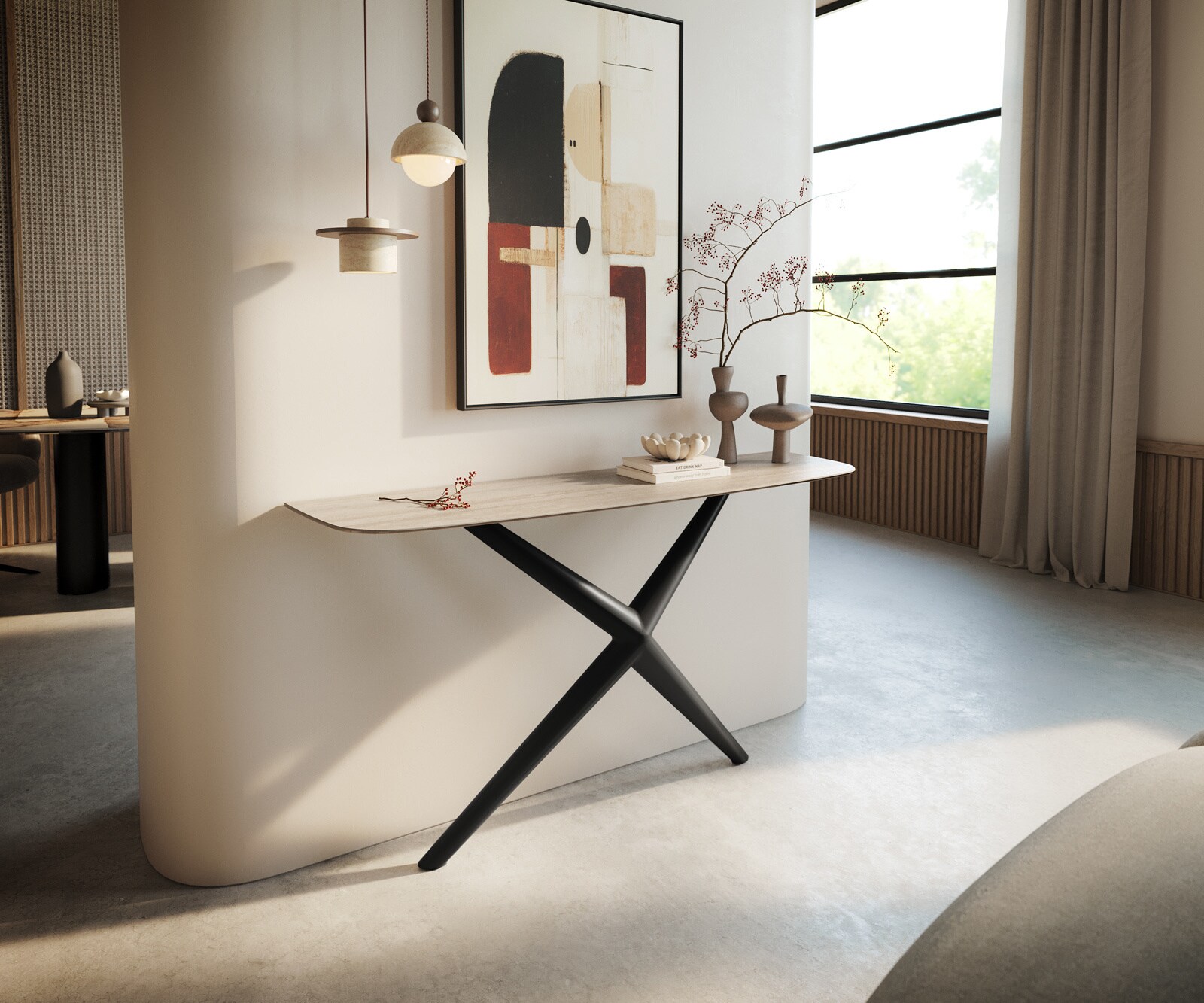 Consoletafel Edge Bootvorm 140x40 cm Keramiek Laminam® Travertino Bianco Creme-Weiß Estelo Metaal Zwart 1