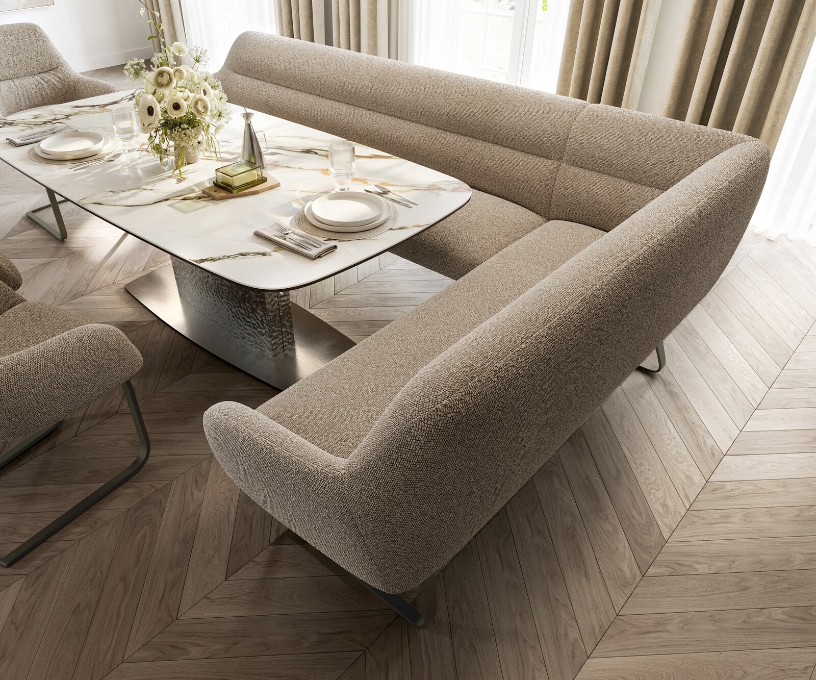 Eetkamerbank Taya-Flex 285x190 cm bouclé mud platte sledebasis afwerking met titaniumeffect pocketvering rechts 4