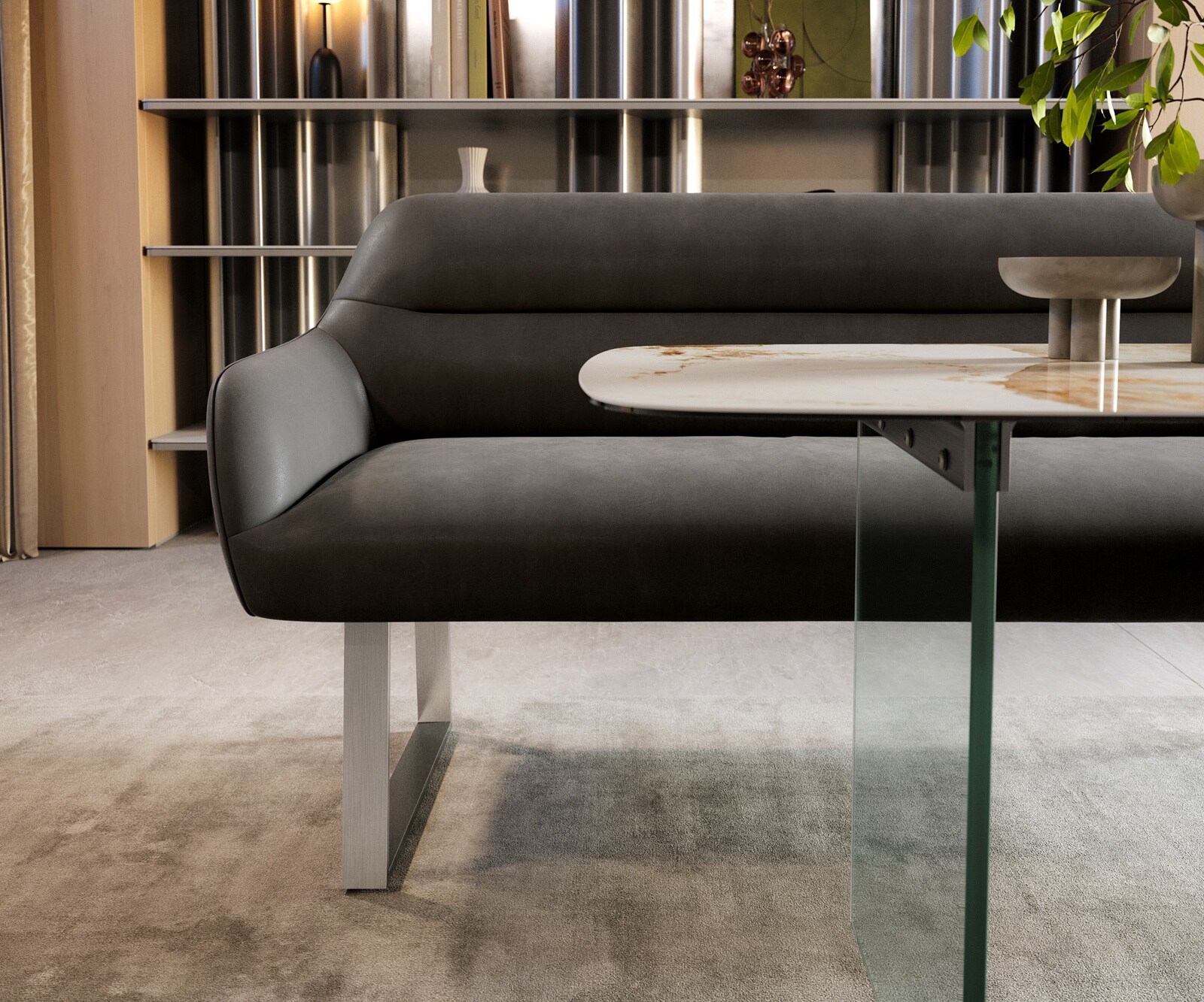 Eetkamerbank Taya-Flex 200 cm microvelours anthraciet vintage gekant sledeframe roestvrij staal pocketvering 1