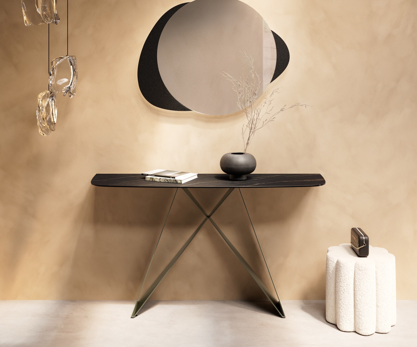 Consoletafel Edge Bootvorm 140x40 cm Keramiek Laminam® Noir Desir Braun Velio Metaal Effektfinish Titan 1
