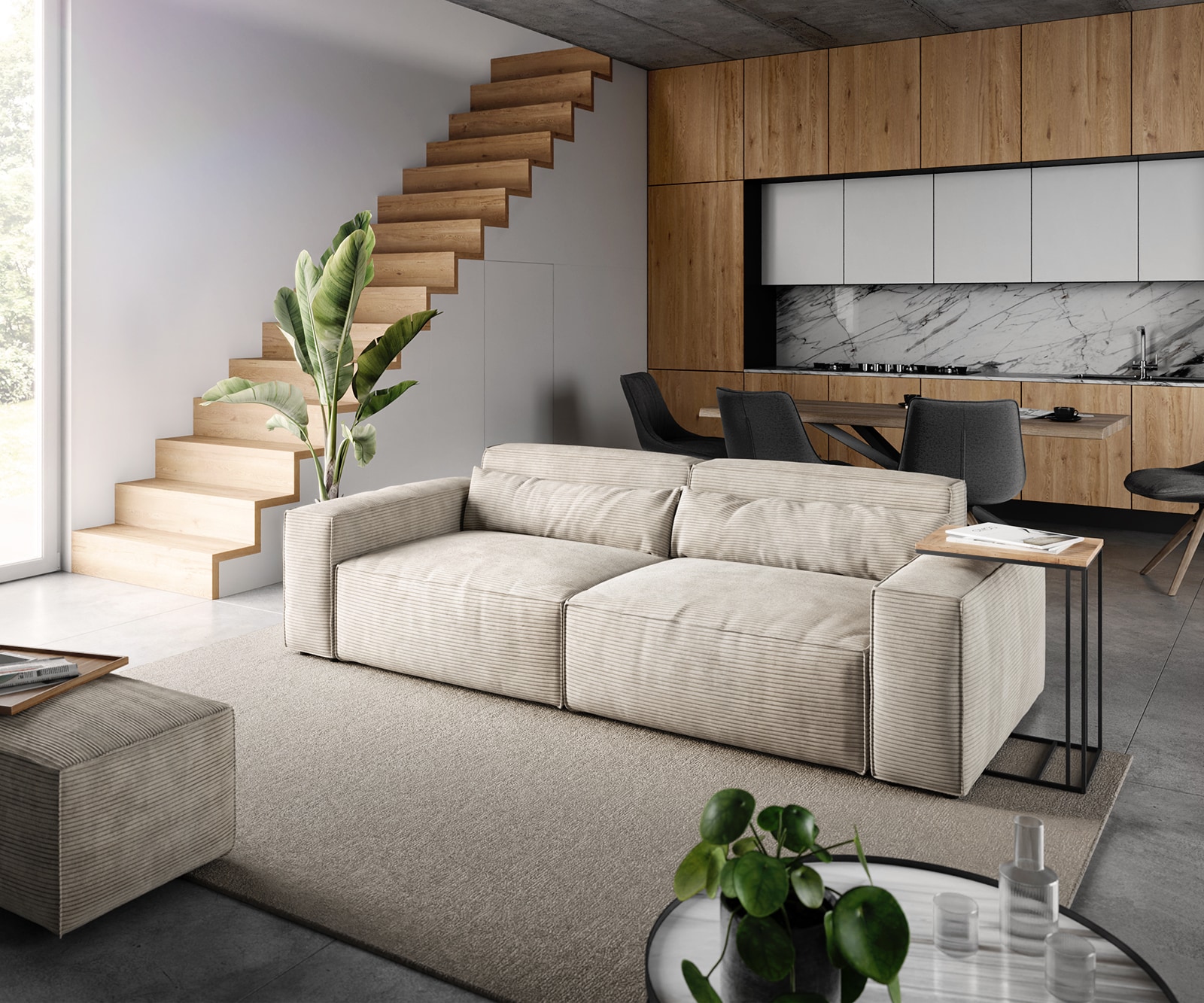 Grote bank Sirpio 230x90 cm koorduroy beige met kruk