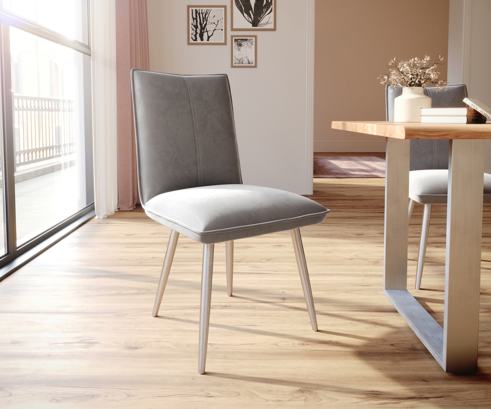 Eetkamerstoel Lelio-Flex fluweel grijs 4-poot conisch roestvrij staal pocketveer kern Eetkamerstoel Lelio-Flex fluweel grijs 4-poot conisch roestvrij staal pocketveer kern