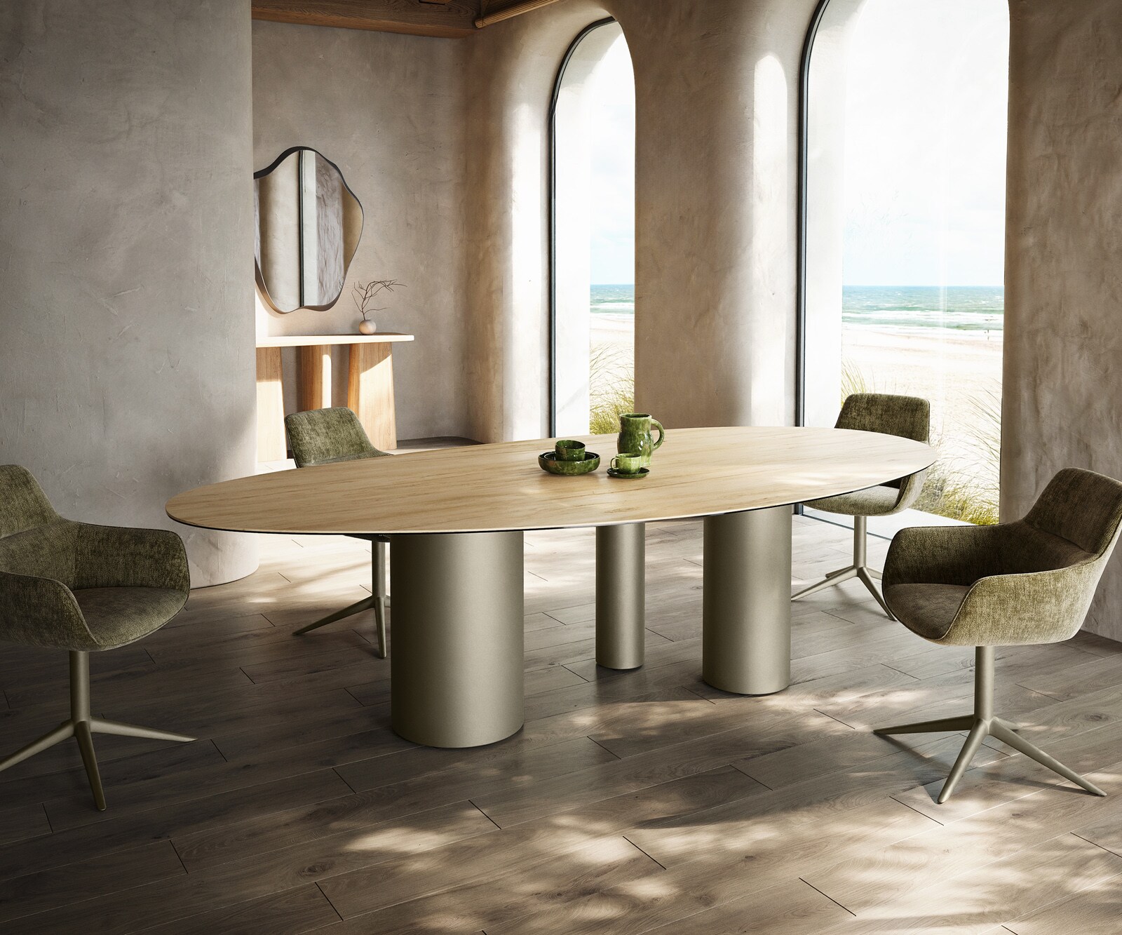 Eetkamertafel Edge ovaal 280x130 keramiek Laminam® Sabbia eiken kleur Troa metaal effectafwerking titaan 1
