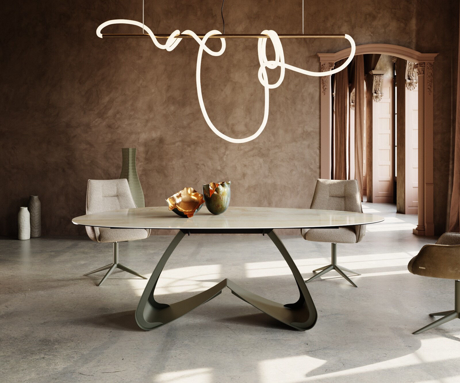 Eettafel Edge Oval 220x120 keramiek  Iris FMG Onice OroW-frame metaal effectafwerking Titan 1