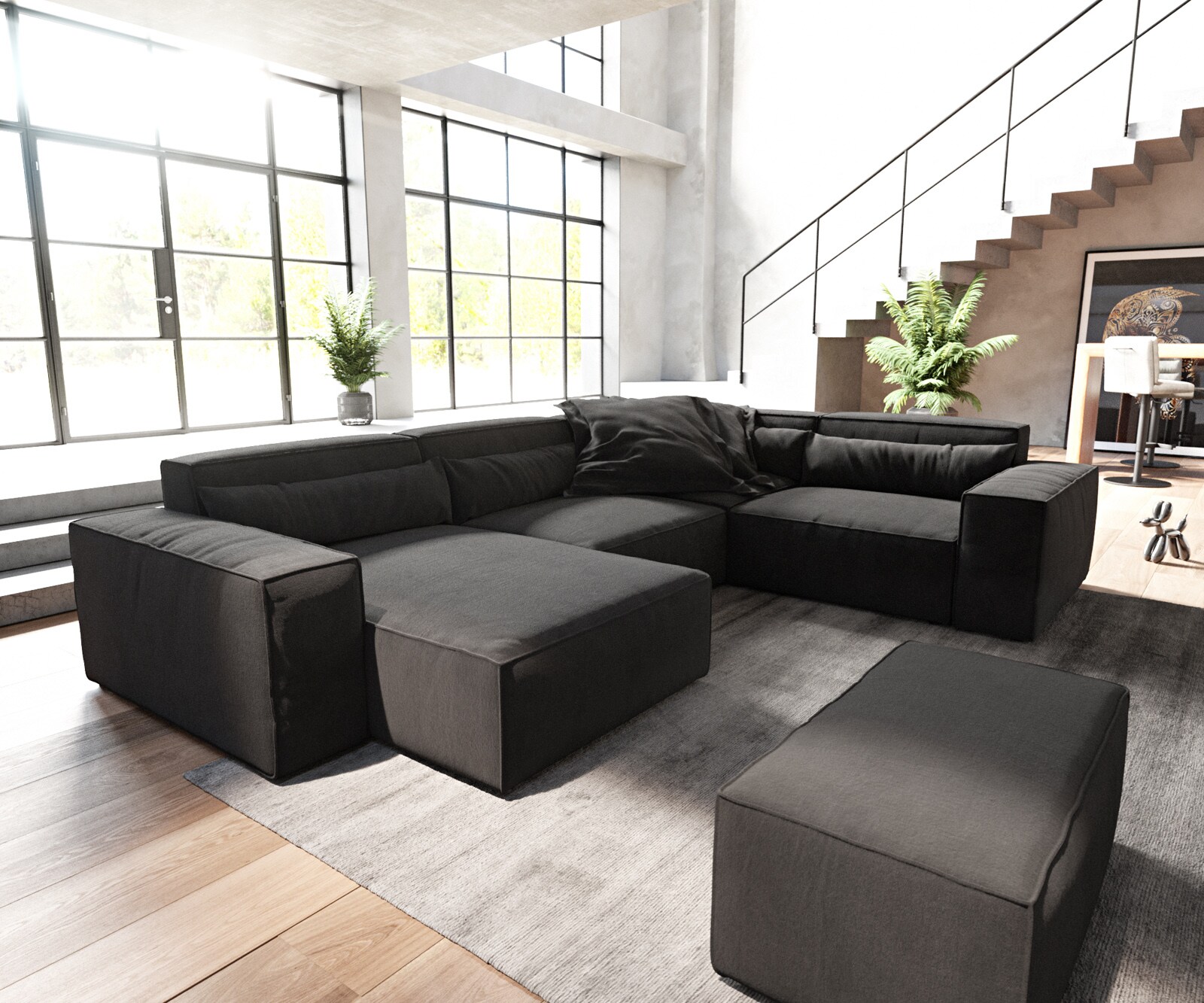 Woonkamerlandschap Sirpio 300x210 cm microvezel Zwart recamiere variabel met kurk 1