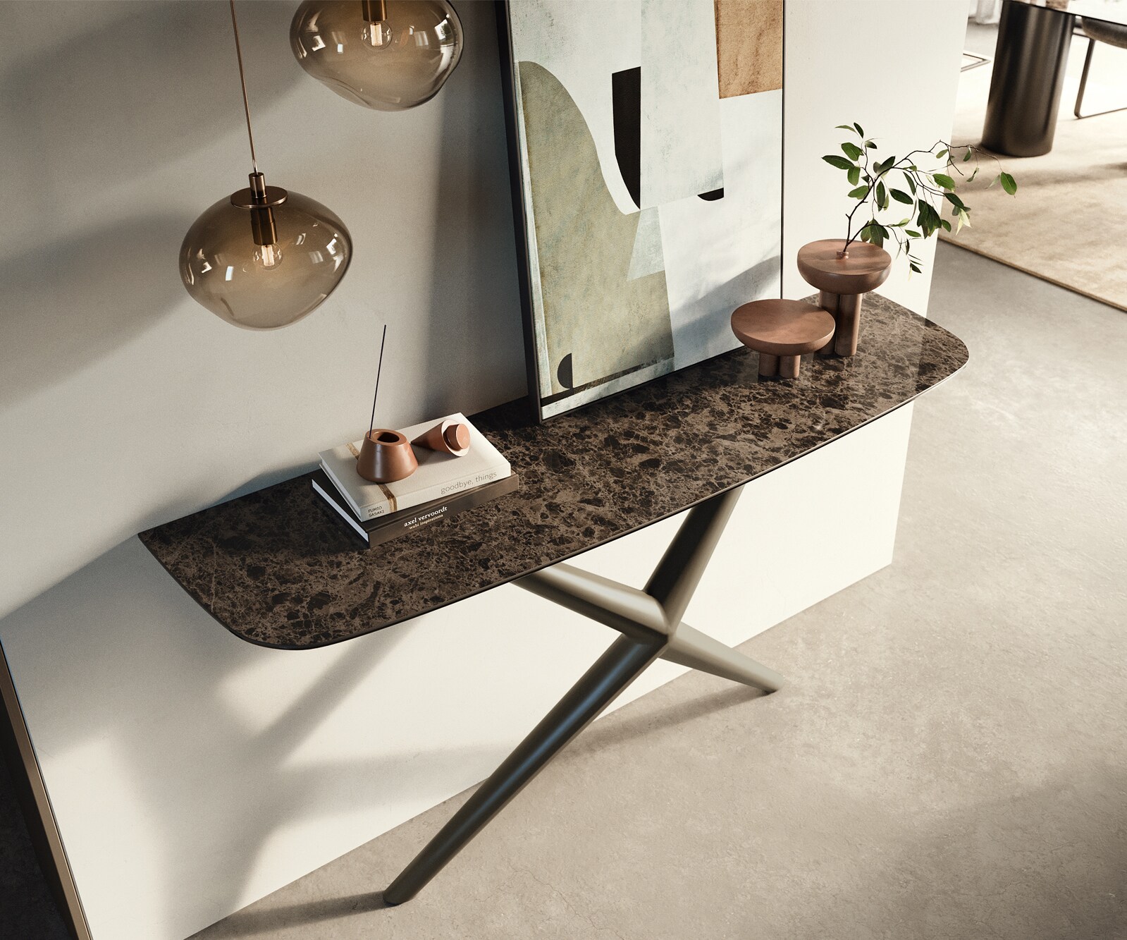 Consoletafel Edge Bootvorm 140x40 cm Keramiek Emperador Extra Lucidato Dunkelbraun Estelo Metaal Effektfinish Titan 1
