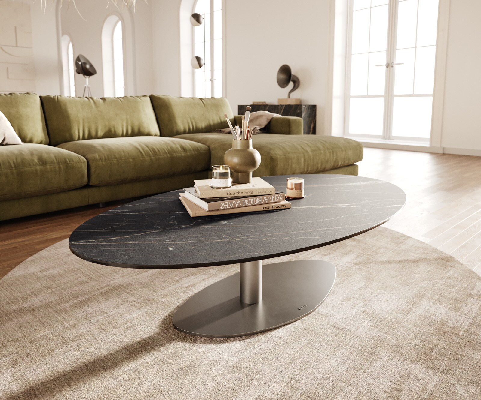 Salontafel Edge Oval 140x80 cm keramiek Laminam® Noir Desir bruin Vibany geborsteld roestvrij staal 1