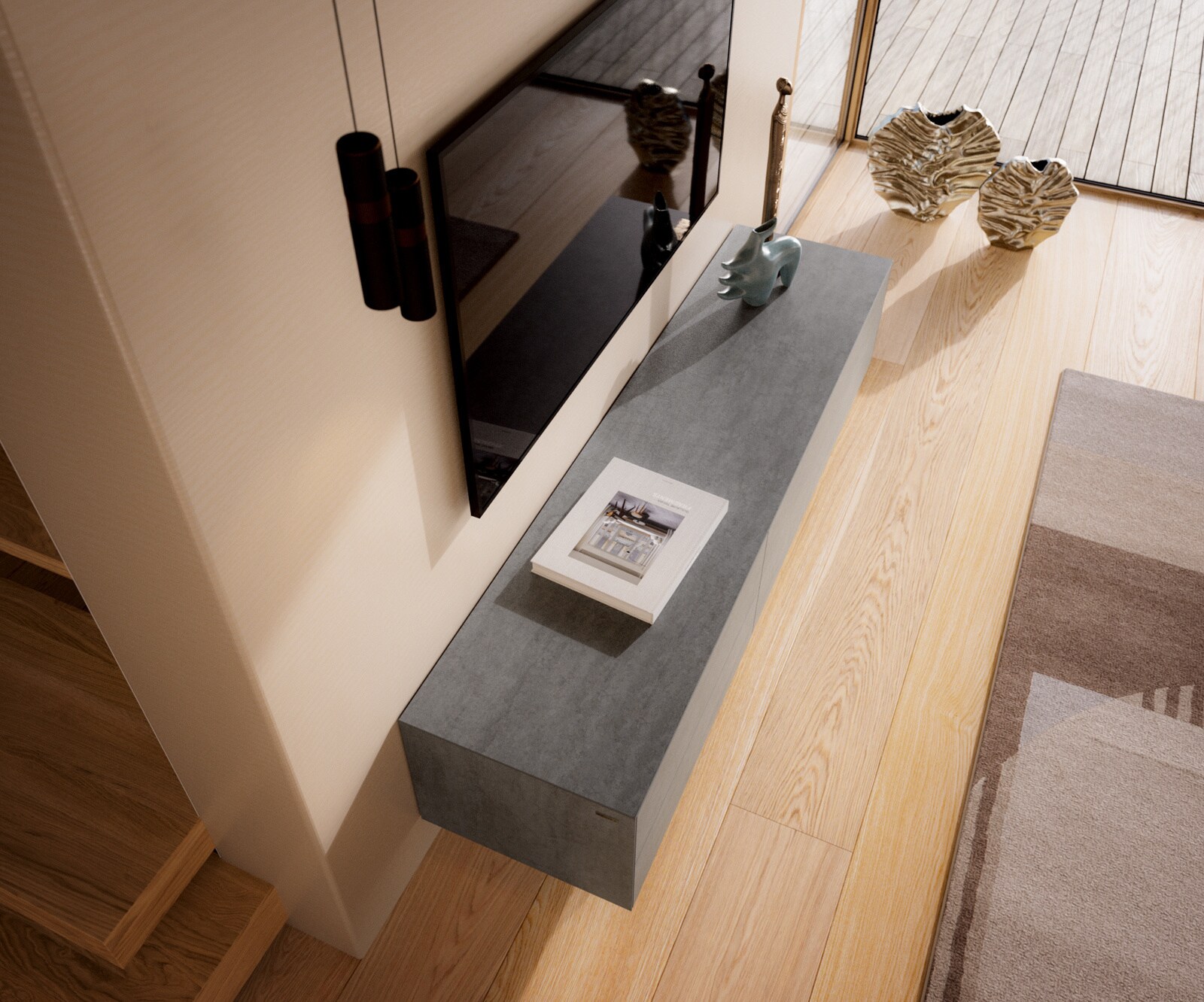 Tv-meubel Cuor 180 cm Keramiek Beton Grijs 1 Flap 2 Laden Zwevende voet look Acrylglas 4
