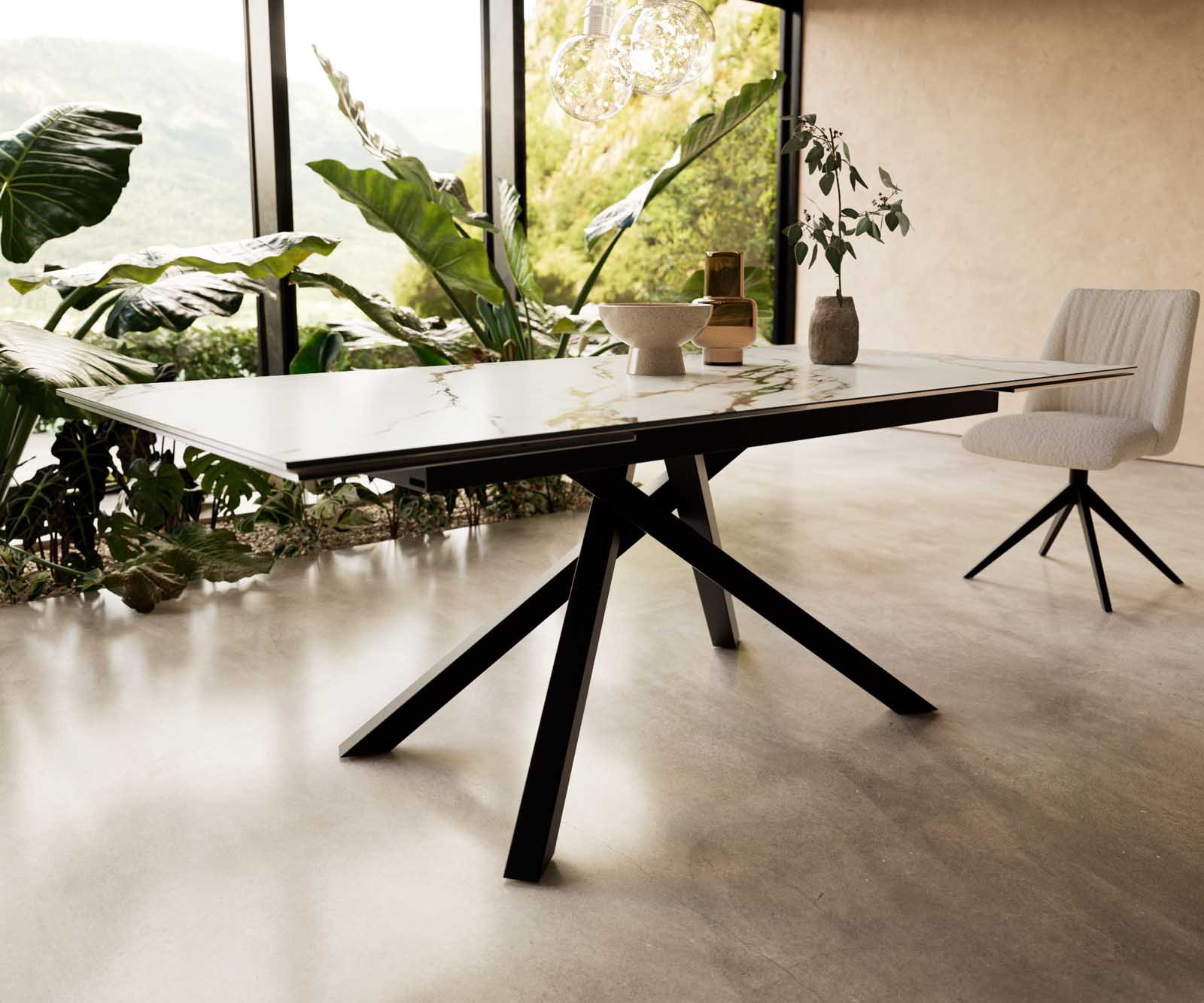 Eetkamertafel Edge 200-300x100 keramiek Calacatta Luxe wit-goud-grijs kruisframe rechthoek zwart uitschuifbaar 6