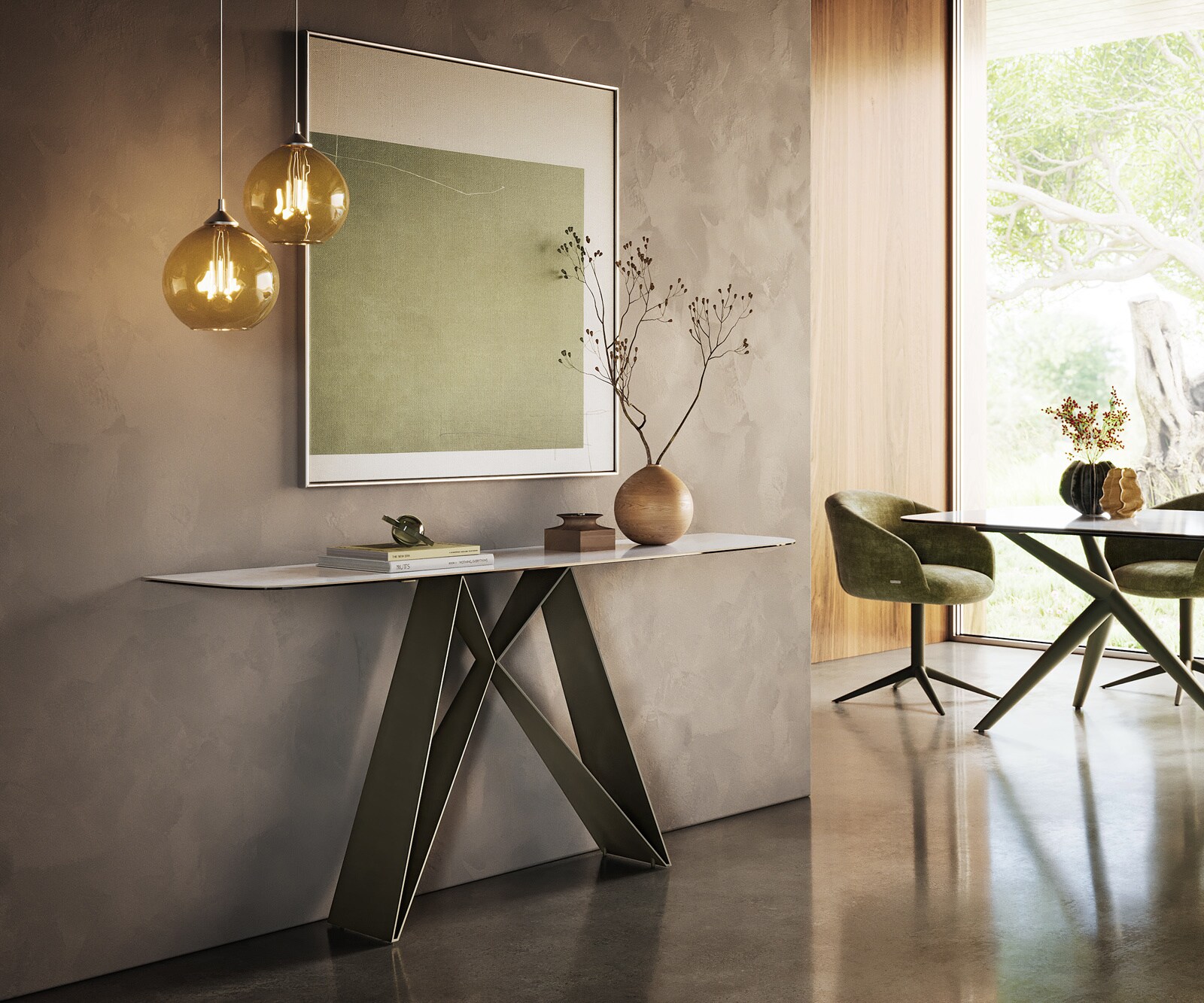 Consoletafel Edge Bootvorm 180x40 cm Keramiek Onyx Pearl Velio Metaal Effektfinish Titan 7