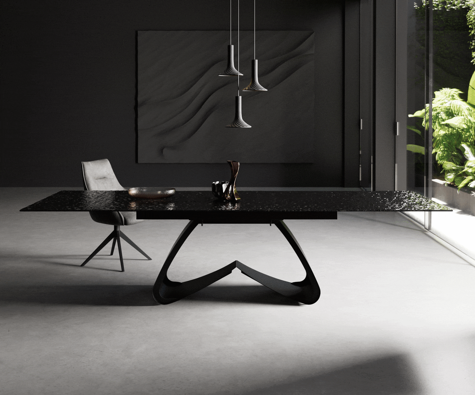 Eetkamertafel Edge 200-300x100 Glas smelten rokerig zwart 3D-Relief W-frame zwart uitschuifbaar 2