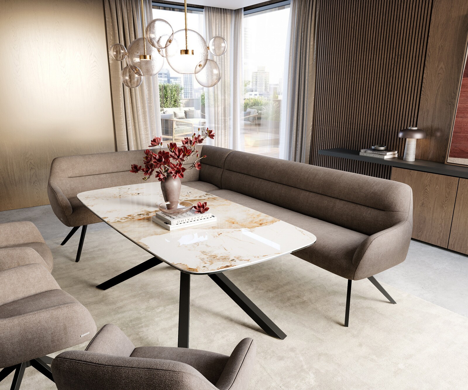 Eetkamerbank Taya-Flex 285x190 cm zachte stof met structuur taupe hoekig kruisframe zwart pocketvering rechts