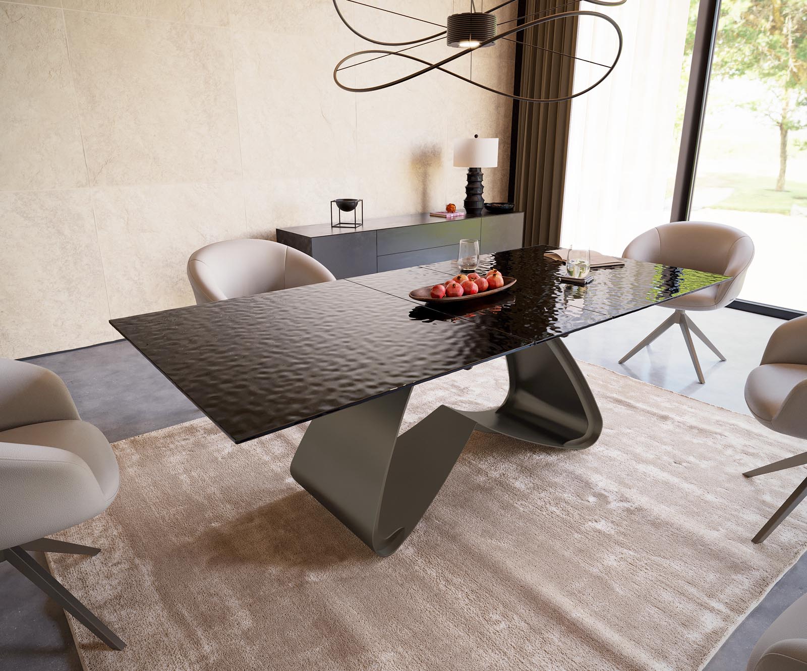 Eetkamertafel Edge 180-220x100 Glas smelten rokerig zwart 3D-Relief W-frame effectafwerking Titaan uitschuifbaar Eetkamertafel Edge 180-220x100 Glas smelten rokerig zwart 3D-Relief W-frame effectafwerking Titaan uitschuifbaar