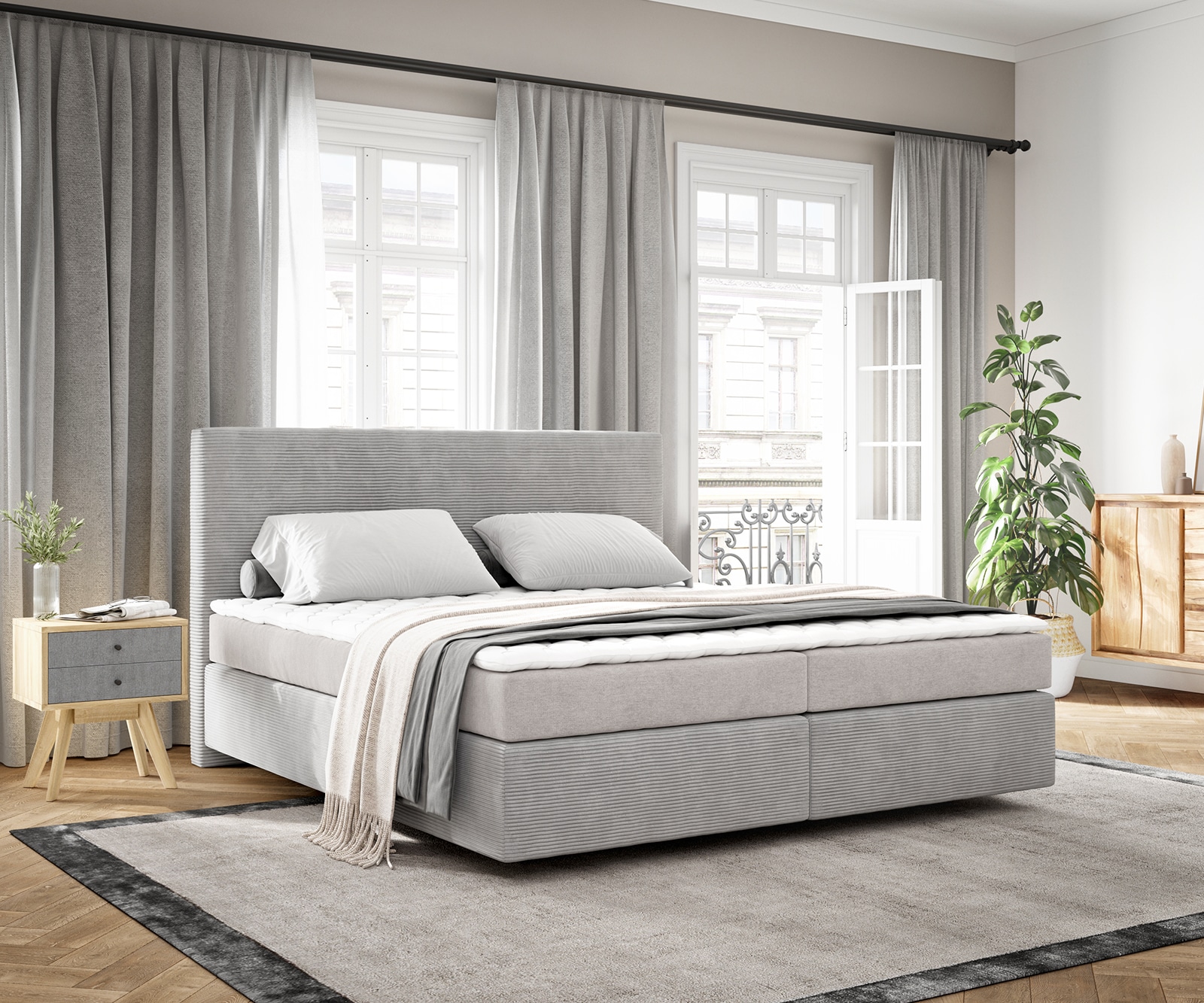 Boxspringbed Dream-Well 180x200 cm Cord Zilvergrijs met Matras en Topper Boxspringbed Dream-Well 180x200 cm Cord Zilvergrijs met Matras en Topper