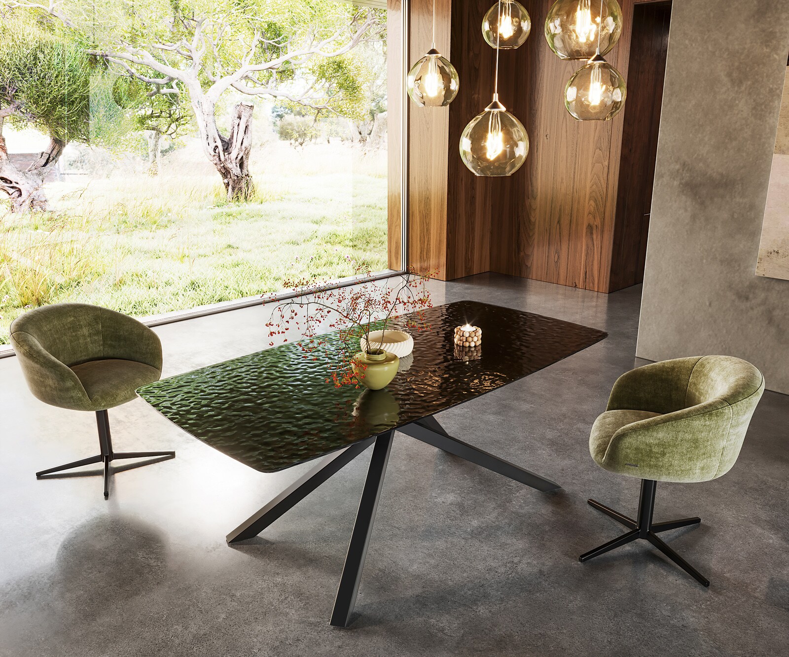 Eetkamertafel Edge Boot 200x100 Glas smelten rokerig zwart 3D-Relief kruisframe rechthoek zwart