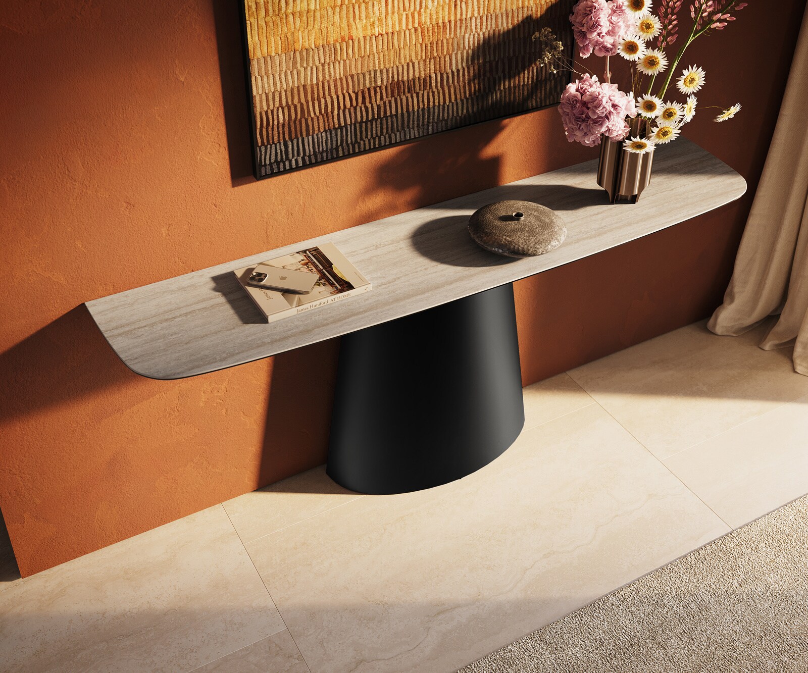 Consoletafel Edge Bootvorm 180x40 cm Keramiek Laminam® Travertino Bianco Creme-Weiß Conos Metaal Zwart 4
