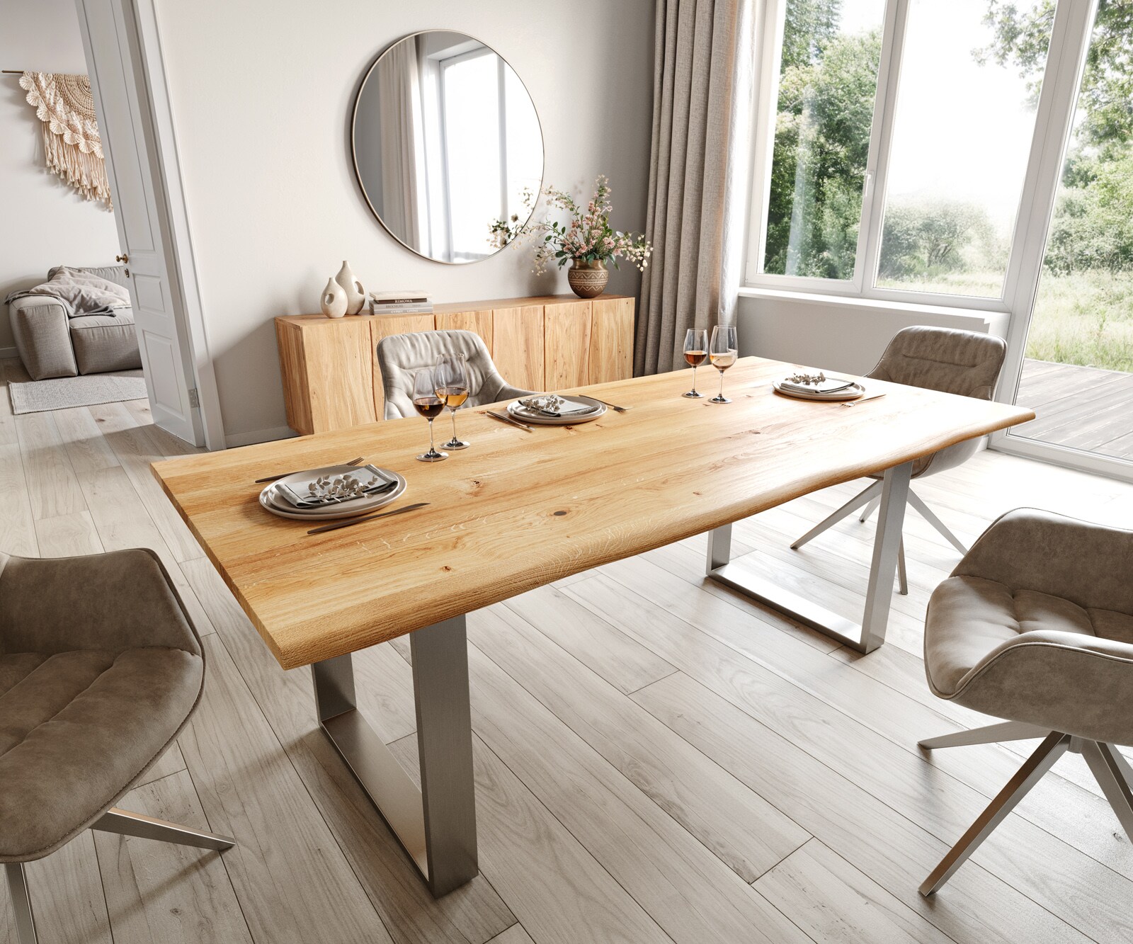 Eettafel Edge 200x100x2,5-3 eiken natuur roestvrijstaal smal Live-Edge 1