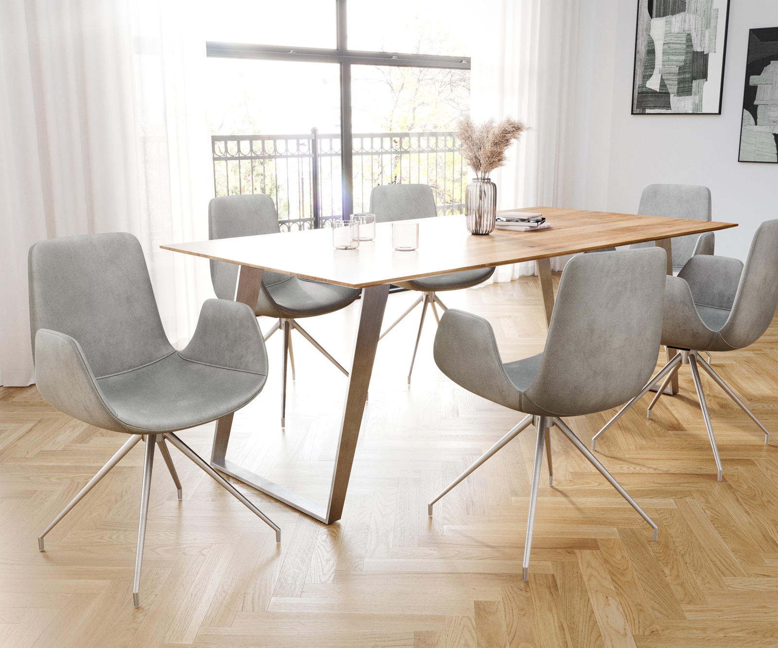 Eetkamerstoel Ilia-Flex met armleuning fluweel grijs kruisframe conisch roestvrij staal 3 Eetkamerstoel Ilia-Flex met armleuning fluweel grijs kruisframe conisch roestvrij staal 3