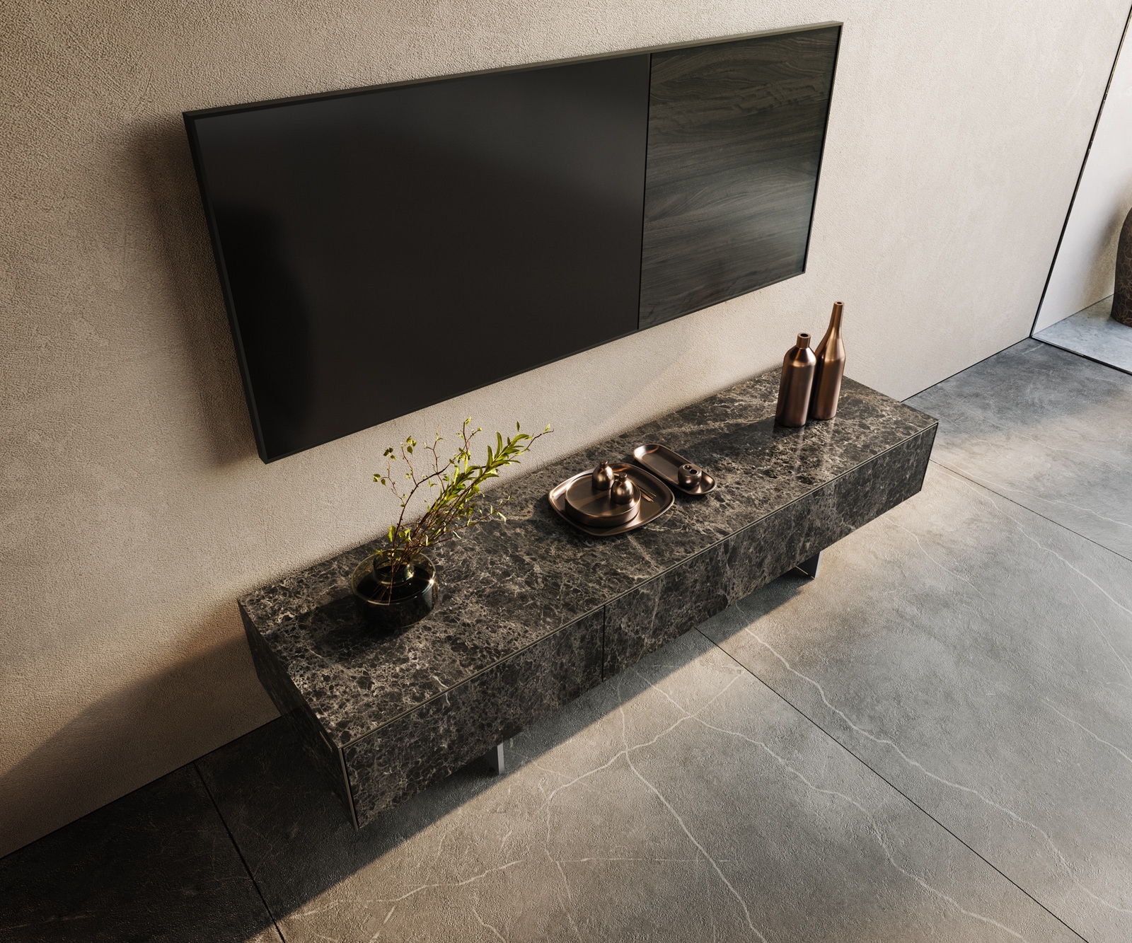 Tv-meubel Cuor 150 cm Keramiek Emperador Extra Lucidato Donkerbruin 1 Flap 1 Lade Zwevende voet look Roestvrij staal 3 Tv-meubel Cuor 150 cm Keramiek Emperador Extra Lucidato Donkerbruin 1 Flap 1 Lade Zwevende voet look Roestvrij staal 3