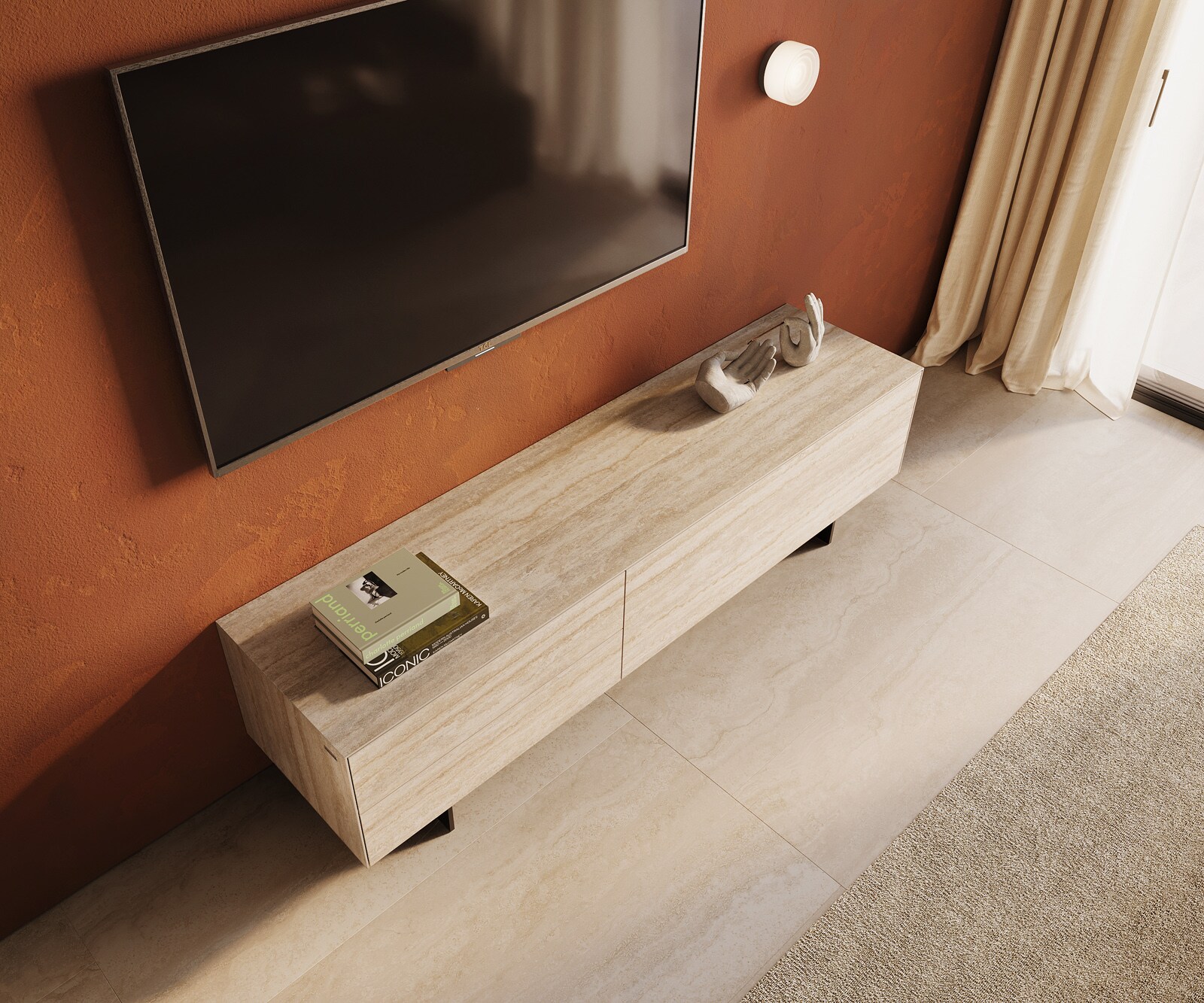 Tv-meubel Cuor 180 cm Keramiek Laminam® Travertino Bianco Crème-wit 1 Flap 2 Laden Zwevende voet look Metaal Zwart 4