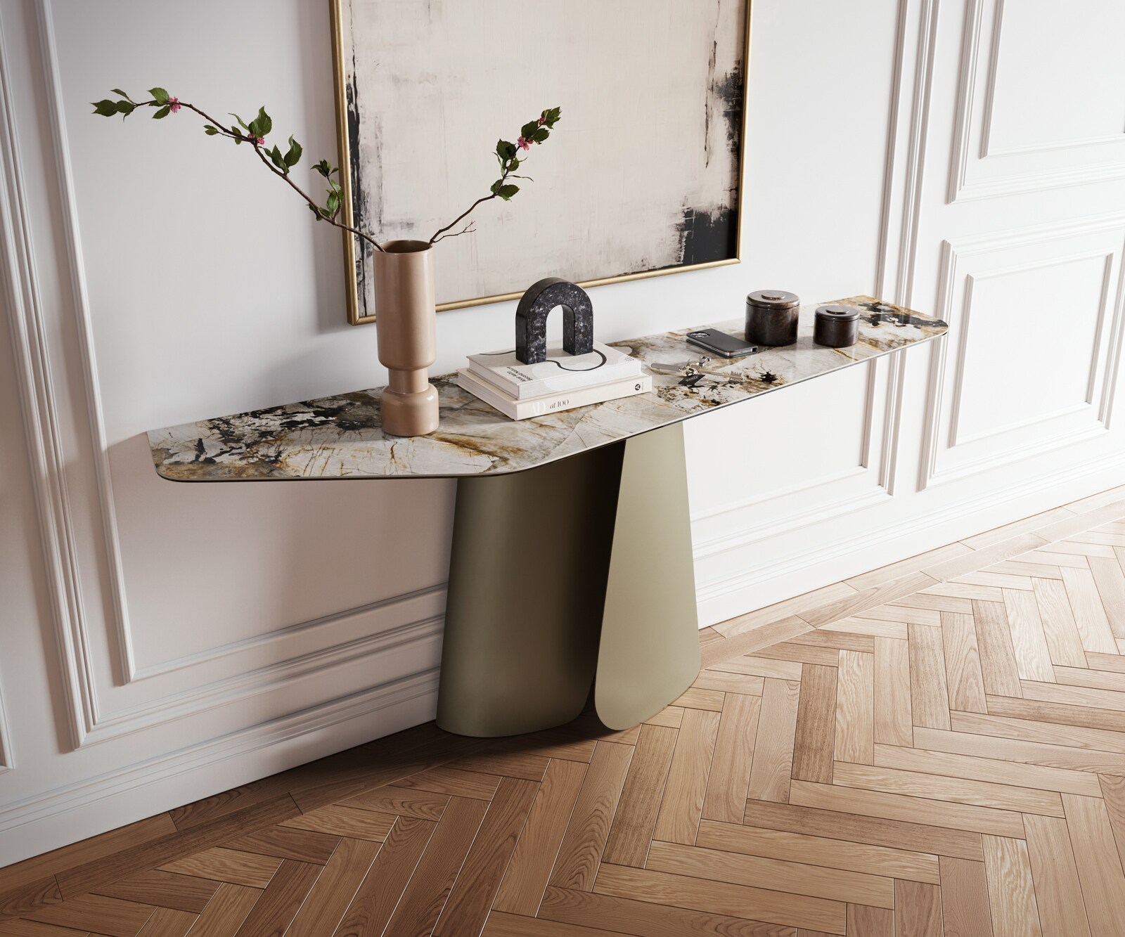 Consoletafel Edge Polygonaal 180x50 cm Keramiek Patagonia Poliert Livos Metaal Effektfinish Titan 1