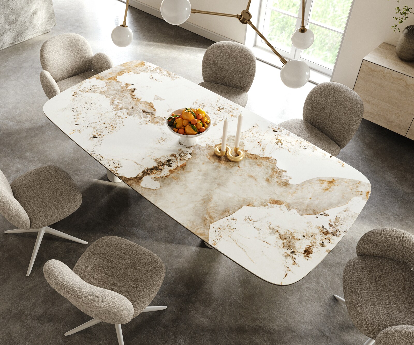 Eettafel Edge Boot 240x120 cm Keramiek Minas Melange Wit-Beige Pilier Metaal Wit 3
