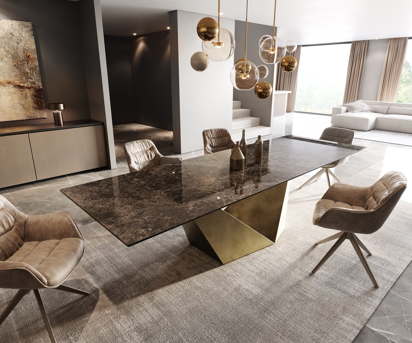 Eettafel Edge 300x100 keramiek  Laminam® Emperador Extra Lucidato donkerbruin Prisma metaal goud