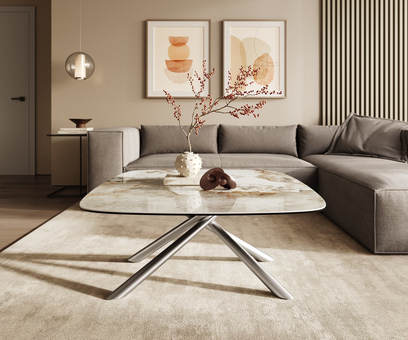Salontafel Edge Boot 90x90 cm keramiek Minas Melange Sarity geborsteld roestvrij staal 2