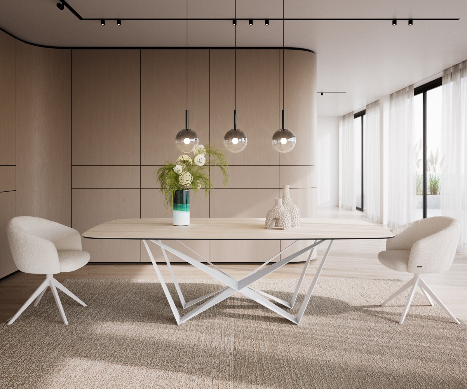 Eetkamertafel Edge Boot 240x120 cm Keramiek Travertin Natuur Spider Metaal Wit 2