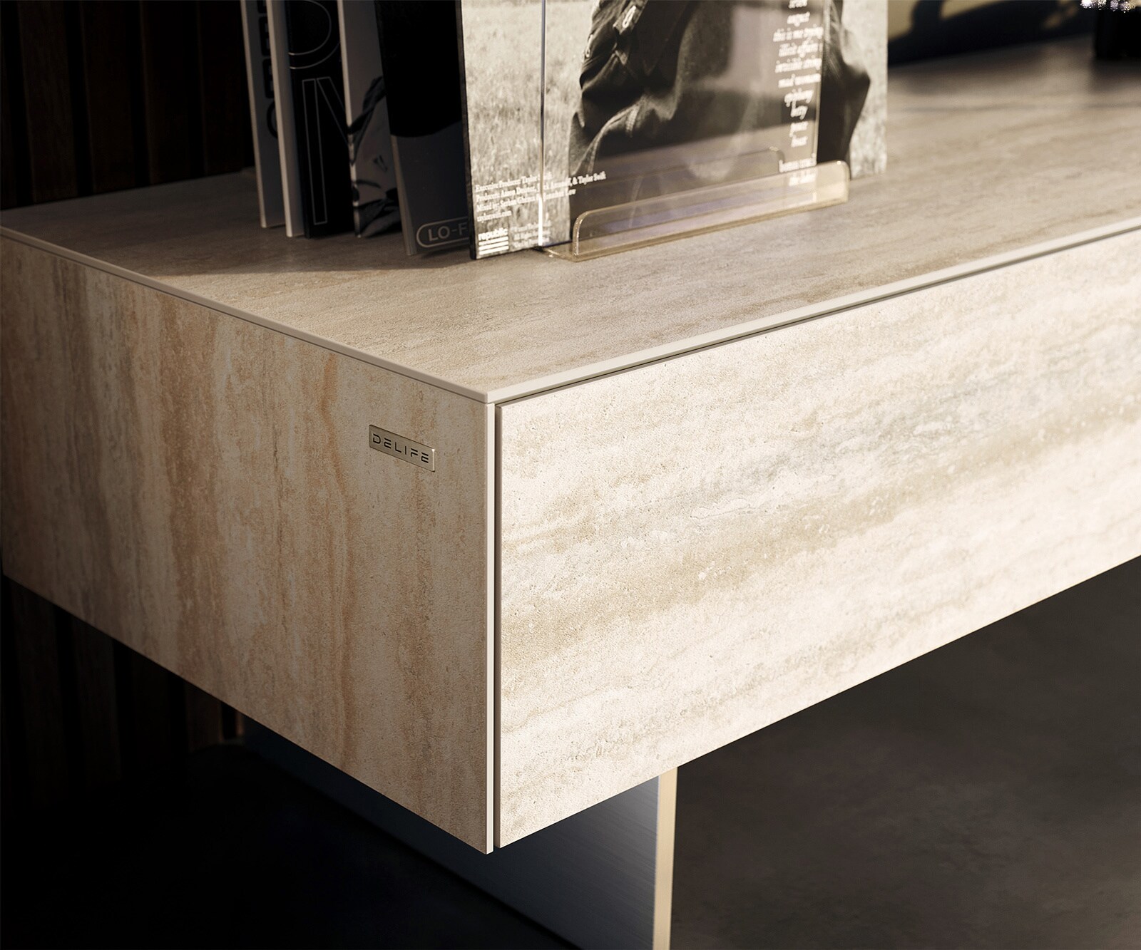 Tv-meubel Cuor 150 cm Keramiek Laminam® Travertino Bianco Crème-wit 1 Flap 1 Lade Zwevende voet look Roestvrij staal 5
