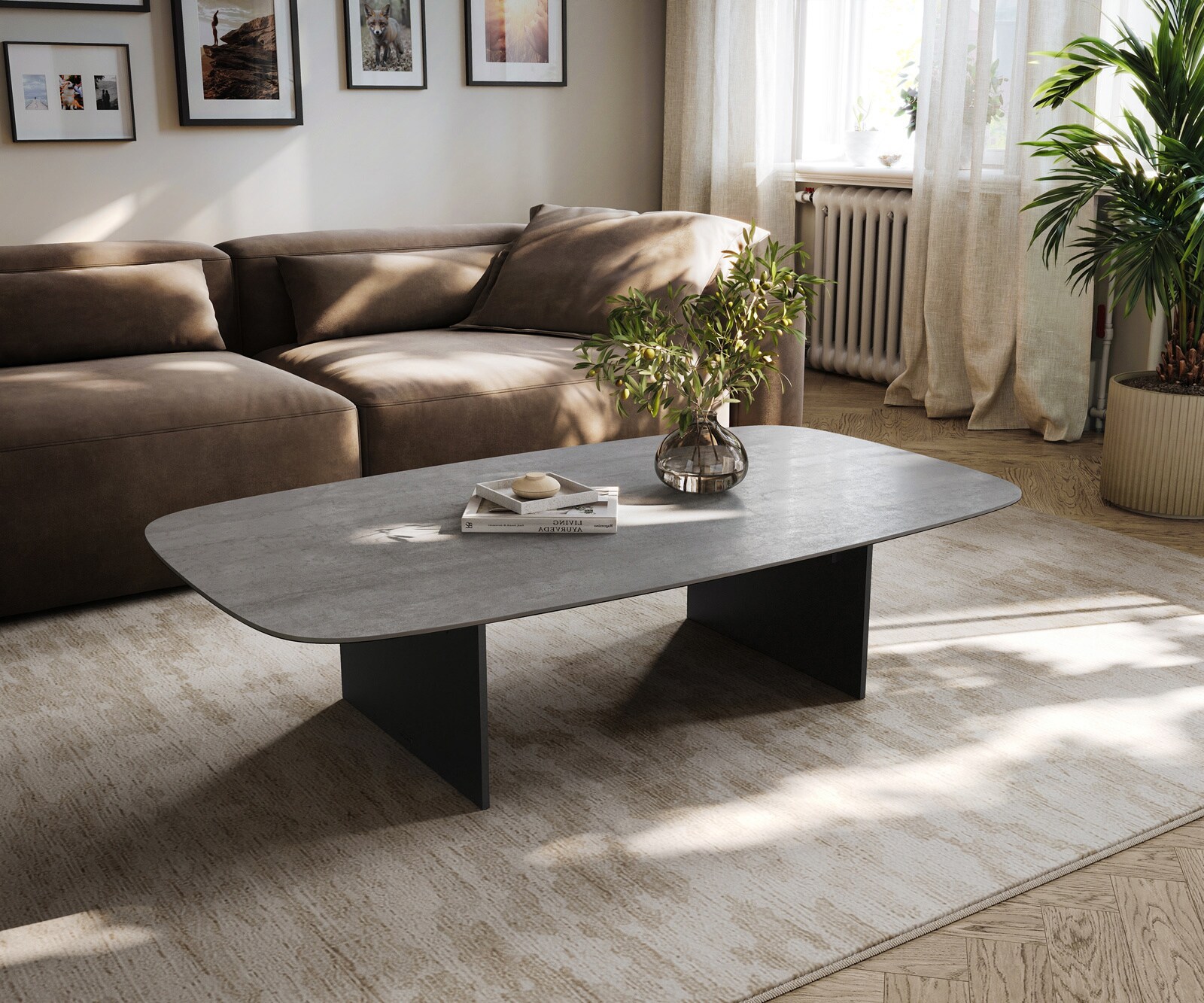 Salontafel Edge bootvormig 140x80 cm keramiek beton grijs Salto metaal zwart