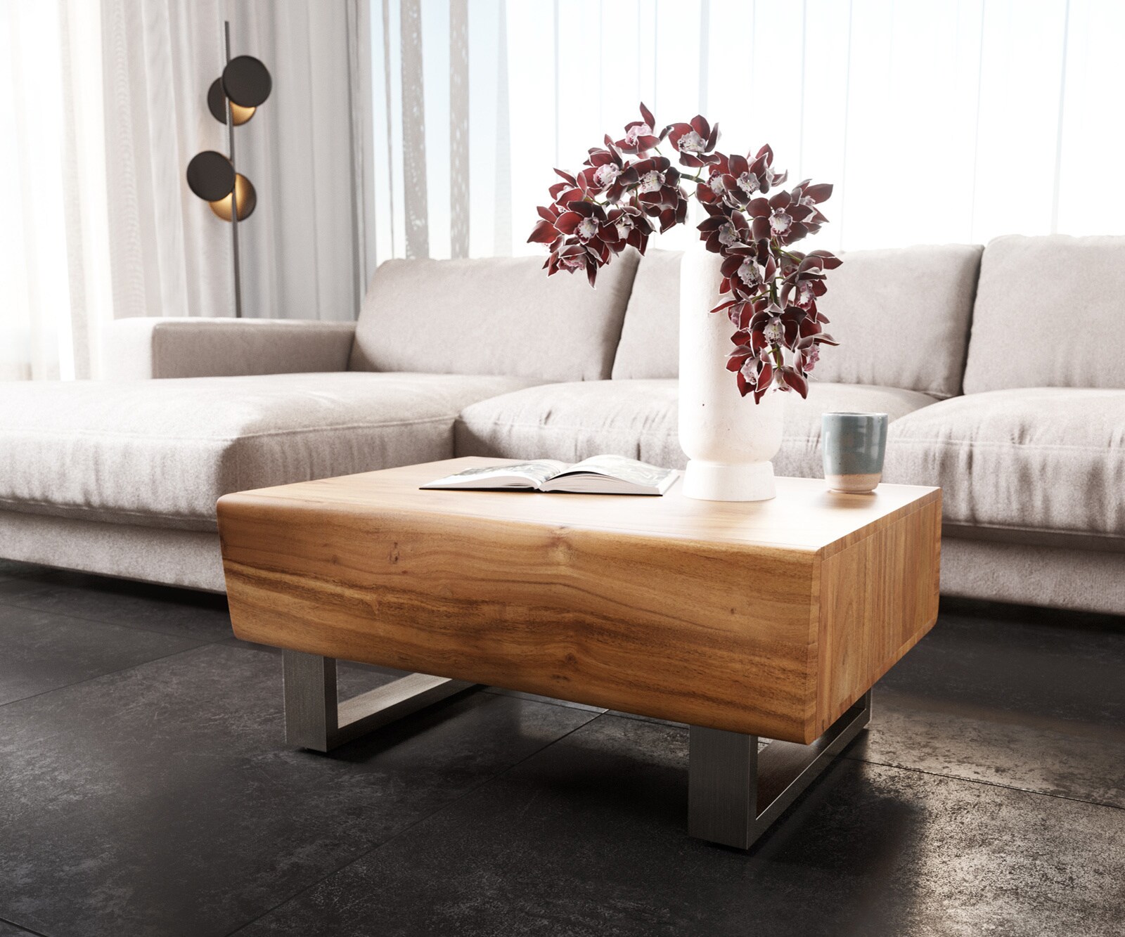 Salontafel New Live-Edge 80x60 cm acacia natuur 2 lades sledepoten geborsteld roestvrij staal 3