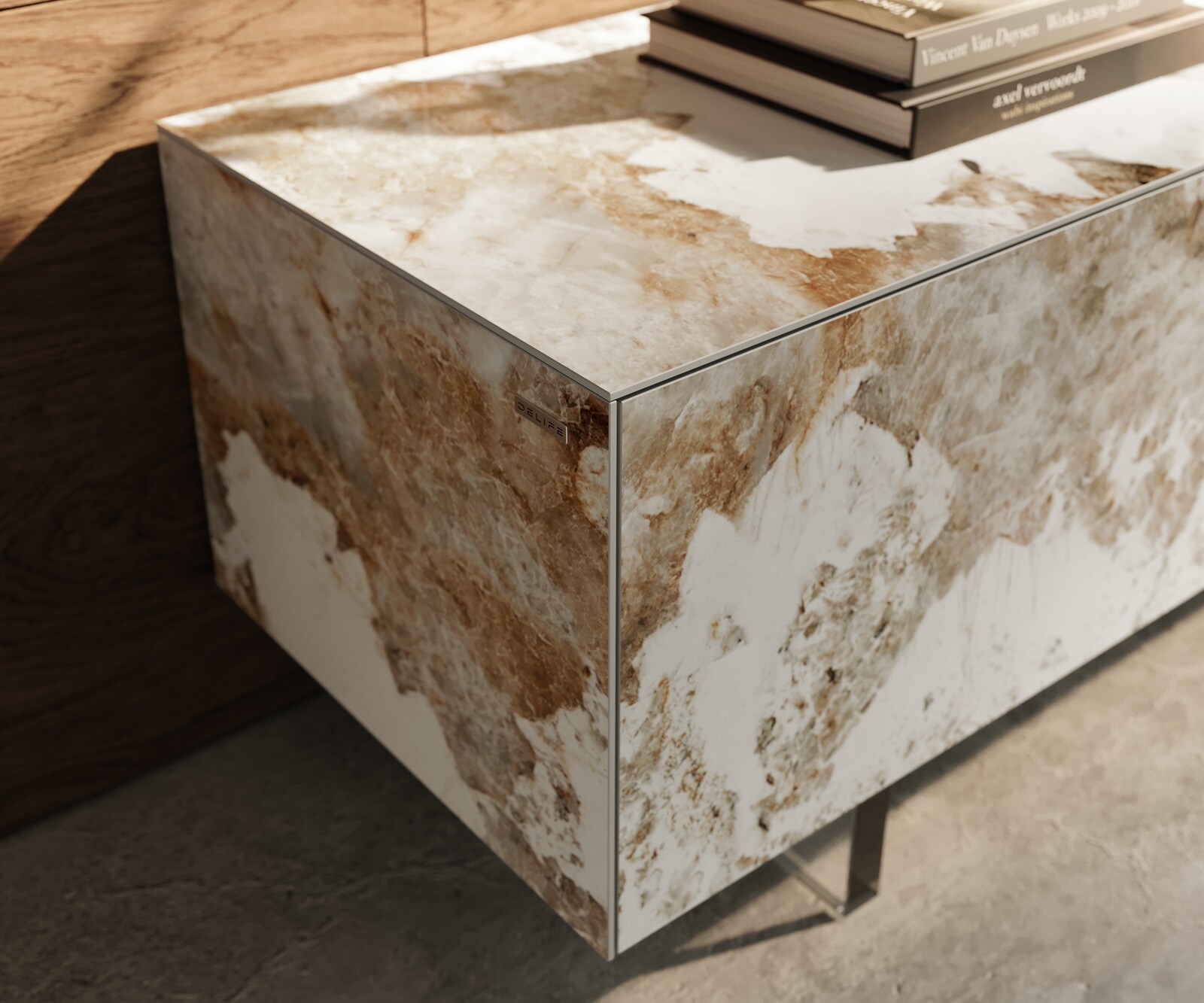 Tv-meubel Cuor 220 cm Keramiek Minas Melange Wit-beige 1 Flap 2 Laden Zwevende voet look Acrylglas 5