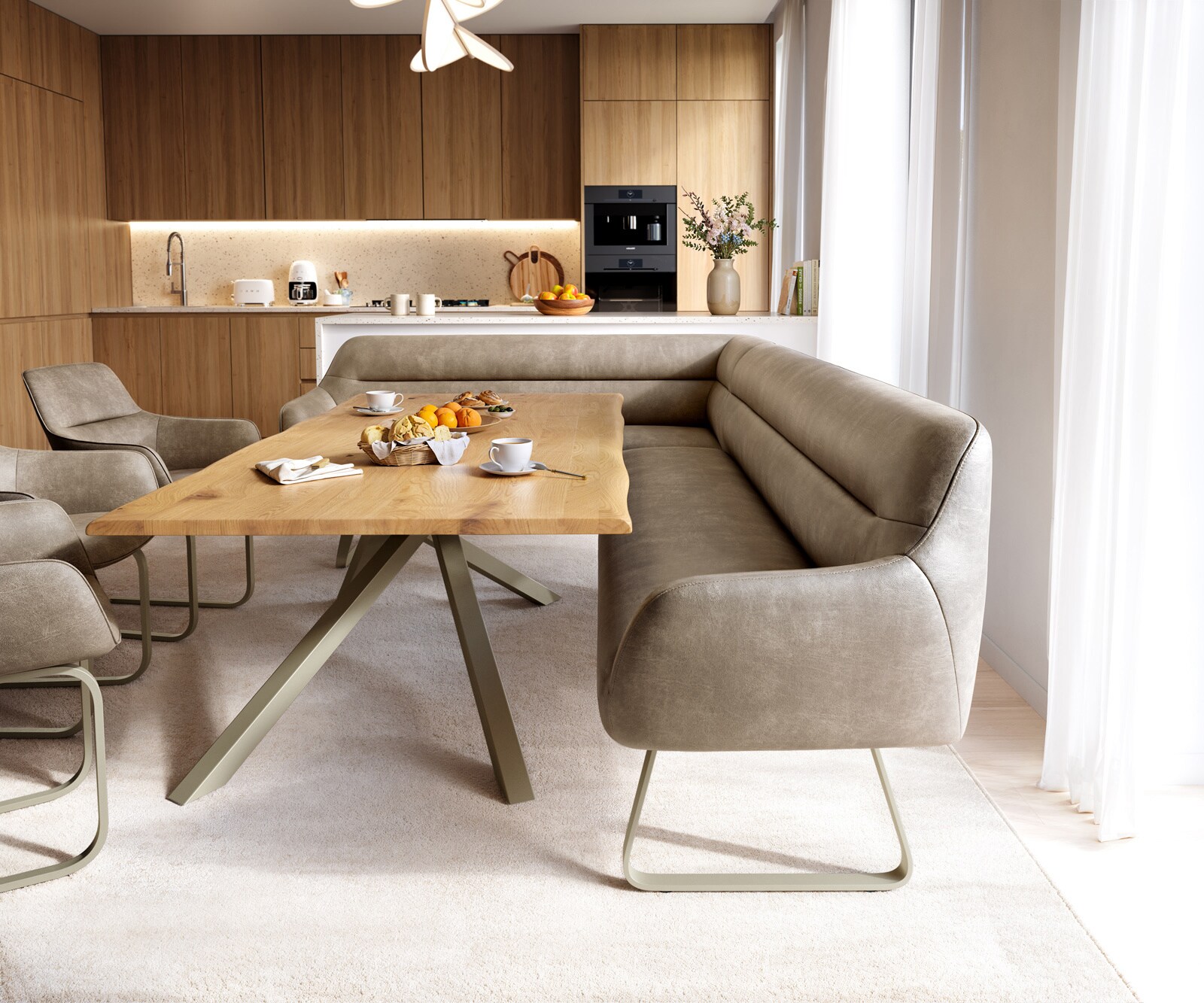 Eetkamerbank Taya-Flex 285x190 cm microvelours beige vintage platte sledebasis afwerking met titaniumeffect pocketvering rechts 2